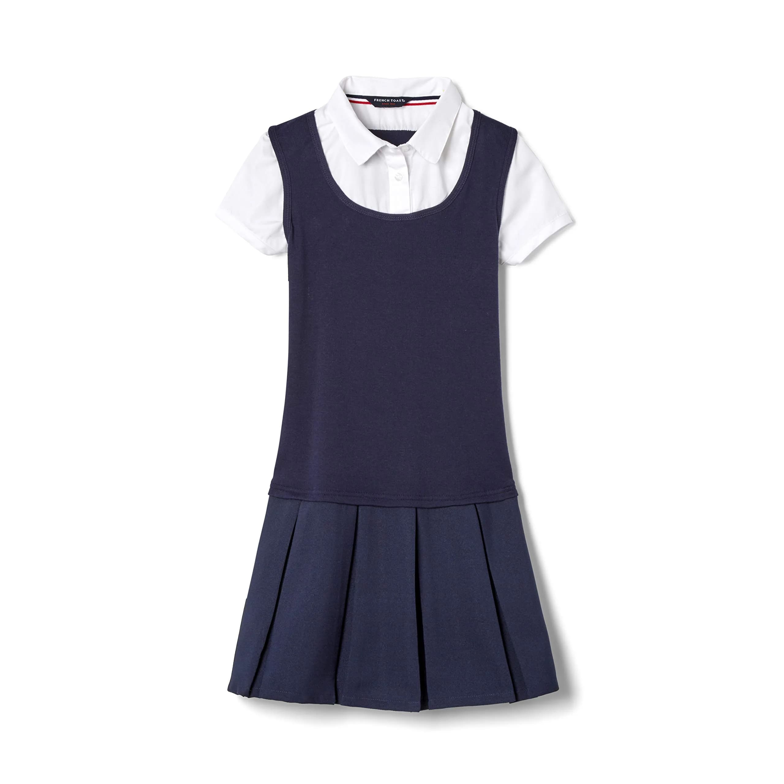 French Toast Girls' Short Sleeve 2-Fer Pleated Dress, Navy, 10 | School Uniform Look with Easy Pull-On Comfort