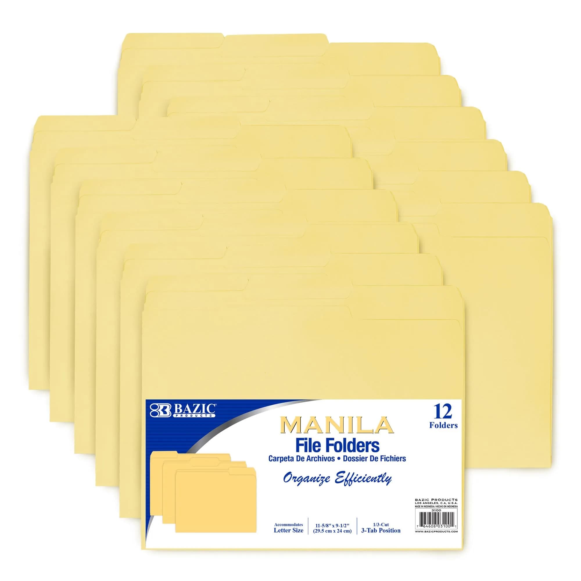 BAZIC Products Manila File Folders 1/3-Cut Letter Size 12-Pack | Durable Paper Stock for Office, School, Home - main product image