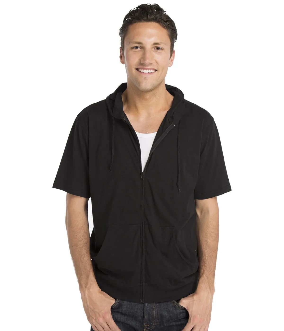 Cottonhood Unisex Short Sleeve Zip Hoodie 65% Cotton, Lightweight Jersey, Black | Slim Fit, Breathable, Casual Style