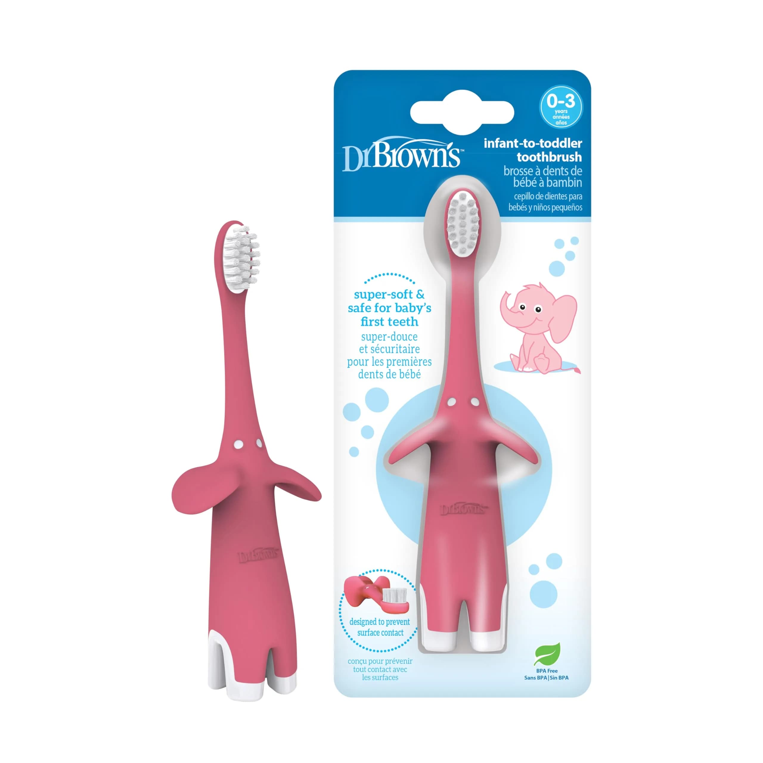 Dr. Brown's Infant-to-Toddler Toothbrush Elephant Pink 0-3 Years | BPA-Free Soft Bristle Training Brush - main product image