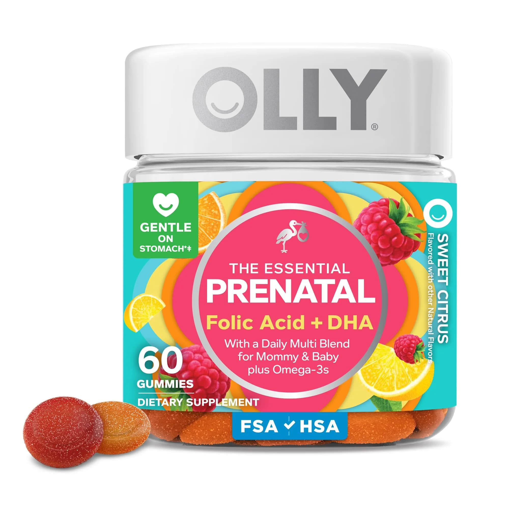 OLLY Essential Prenatal Multivitamin Gummy with Folic Acid & DHA, Sweet Citrus Flavored, 60 Count | USA Import for Mommy & Baby - main product image