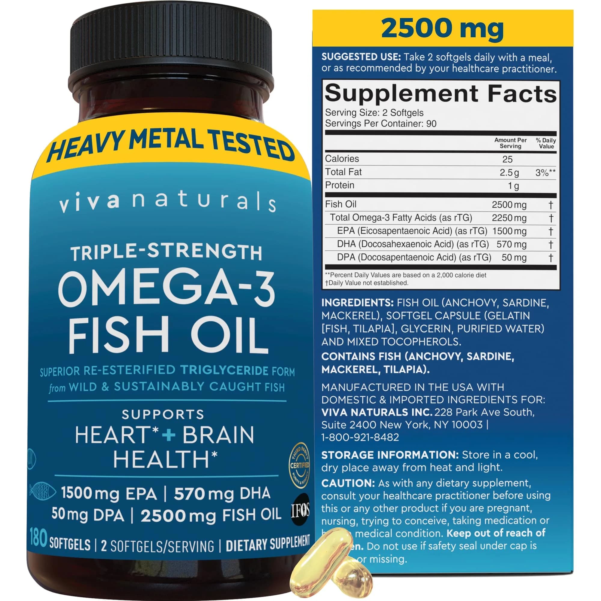 Viva Naturals Omega 3 Fish Oil Supplement 2500 mg | Supports Heart, Brain & Skin Health