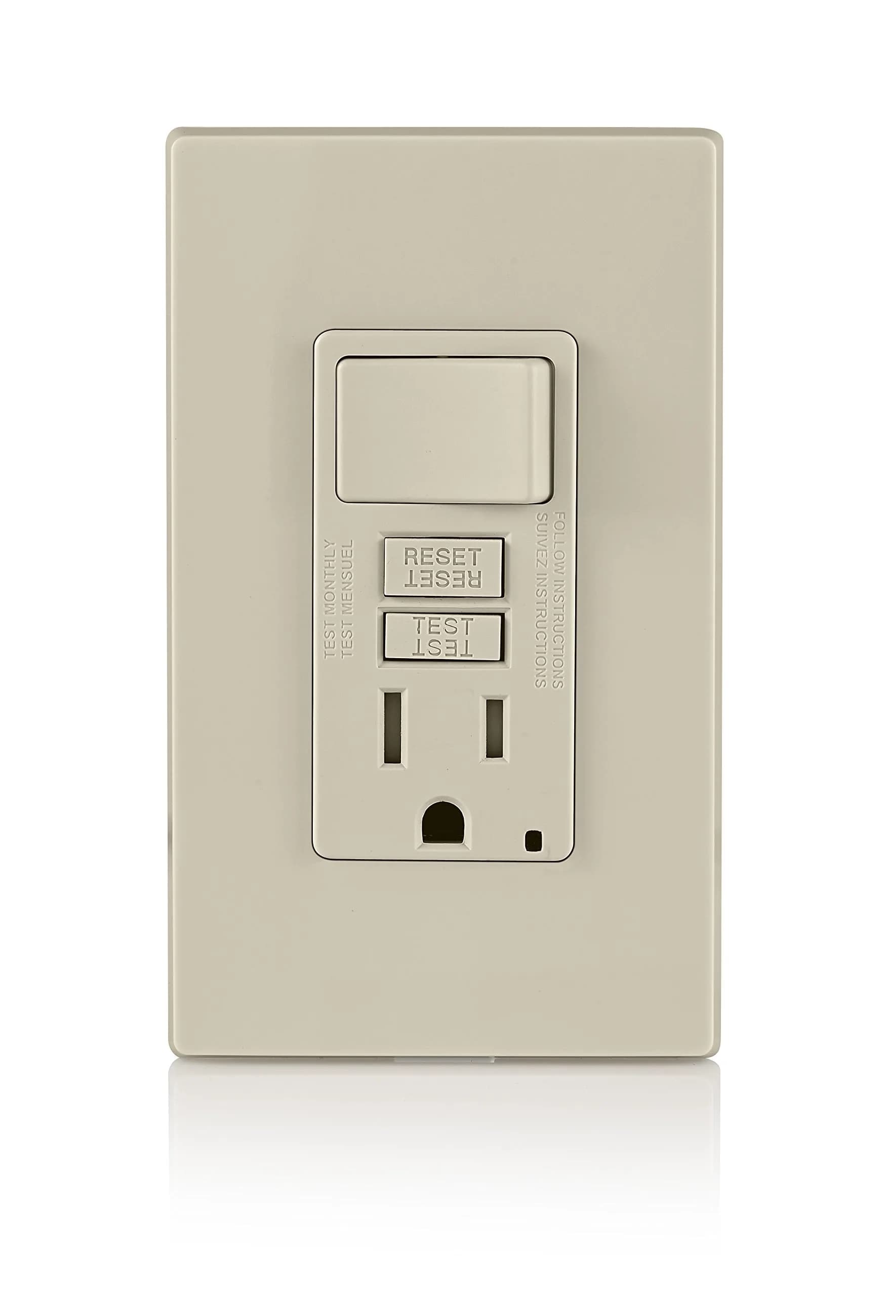 Leviton GFCI Combination Outlet with Switch, 15 Amp, Tamper-Resistant, Light Almond | UL Listed Safety Outlet - main product image