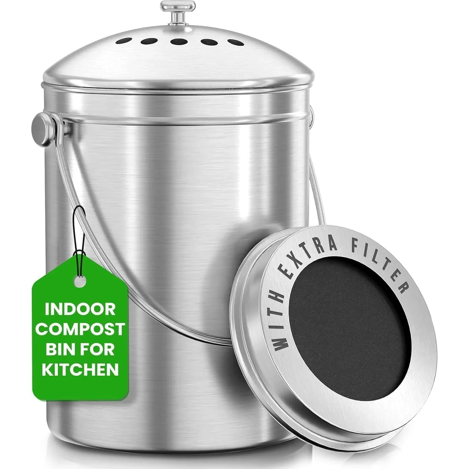 Utopia Kitchen Countertop Compost Bin 1.3 Gallon (4.92L) Stainless Steel Silver | Odorless Kitchen Waste Composter - main product image