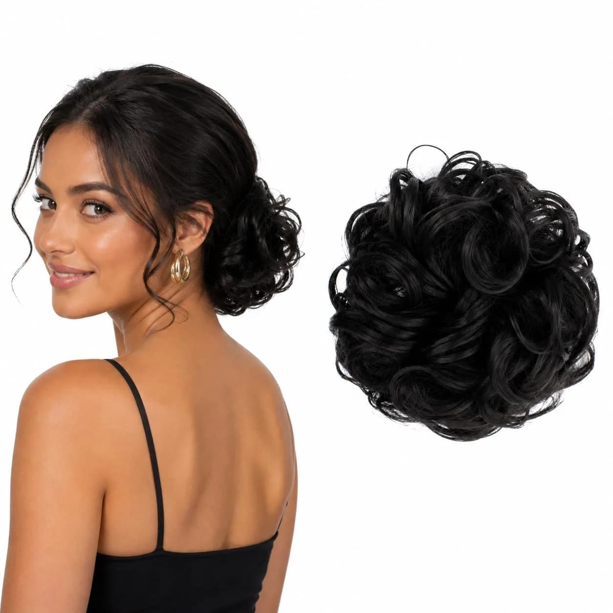 CAISHA Synthetic Scrunchie Donut Hair Piece Updo Black G1E | Heat-Resistant Synthetic Fiber, Washable, Easy to Use