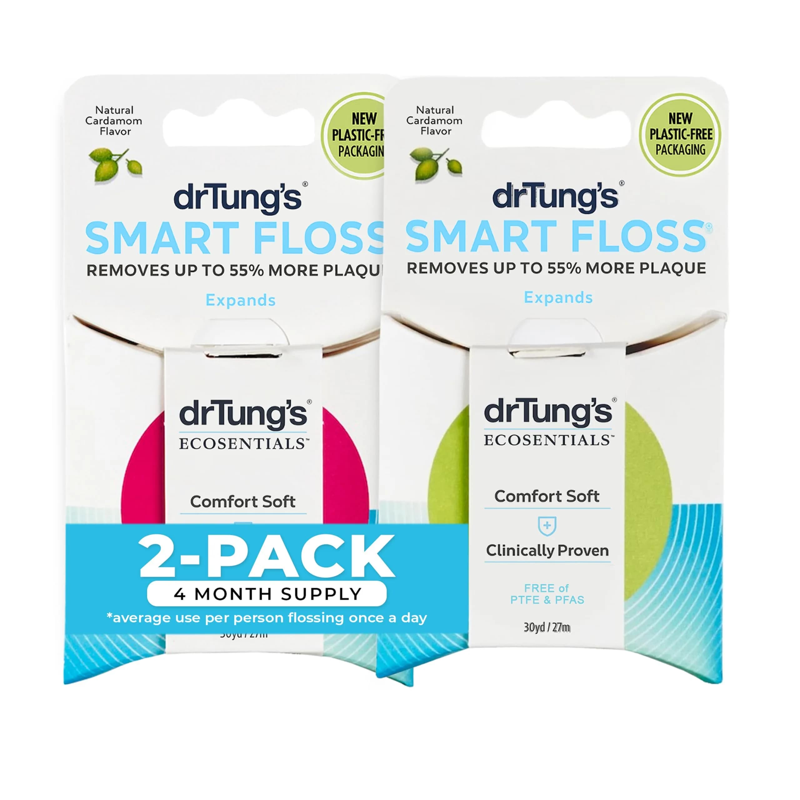 drTung's Smart Floss - Expanding Natural Waxed Dental Floss Pack of 2 | Clinically Proven 55% More Plaque Removal