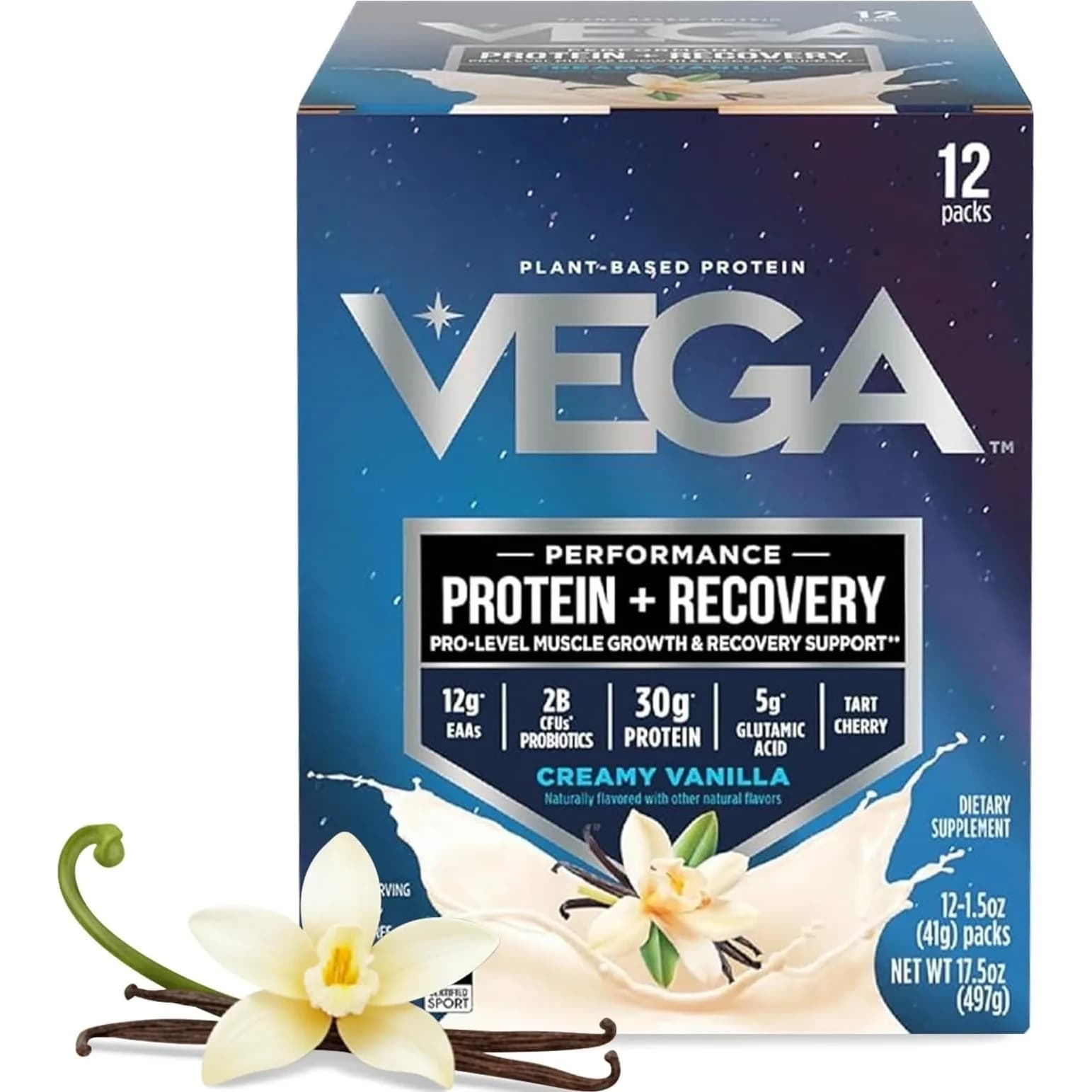 Vega Protein + Recovery Vanilla 12 x 1.6 oz - NSF Certified Plant-Based Protein Powder - main product image
