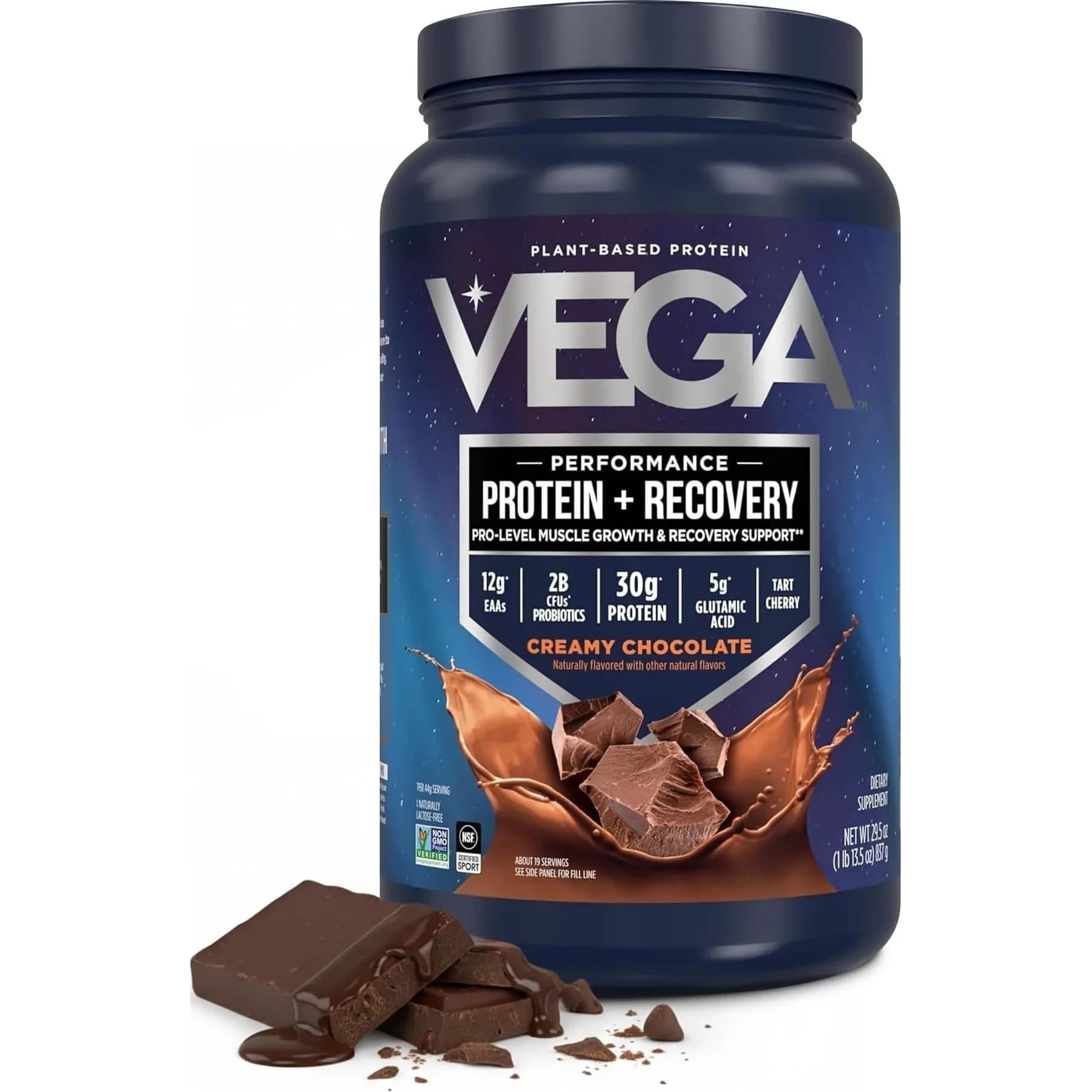 Vega Protein + Recovery Chocolate 816g (28.8 oz) | NSF Certified Plant-Based Protein for Muscle Recovery - main product image