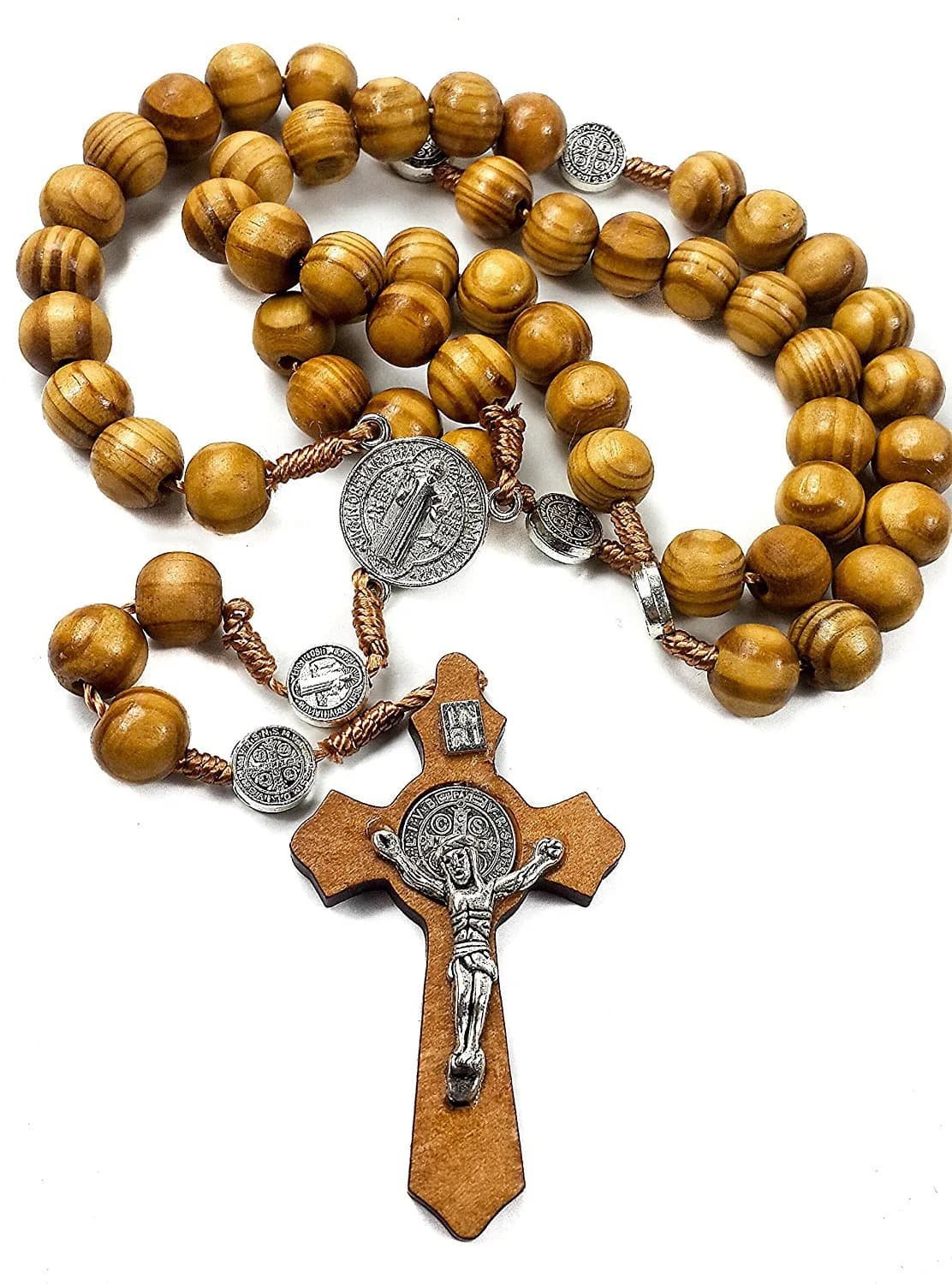 Nazareth Store Saint Benedict Rosary Necklace 20 inches | Olive Wood Beads & Silver Cross