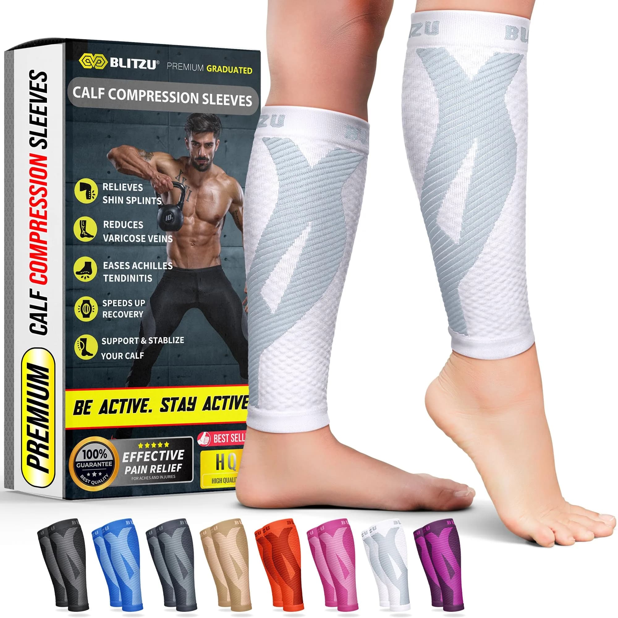 BLITZU Calf Compression Sleeves, Footless Compression Socks for Men & Women, Large/X-Large | FDA Approved Orthopedic Brace - main product image
