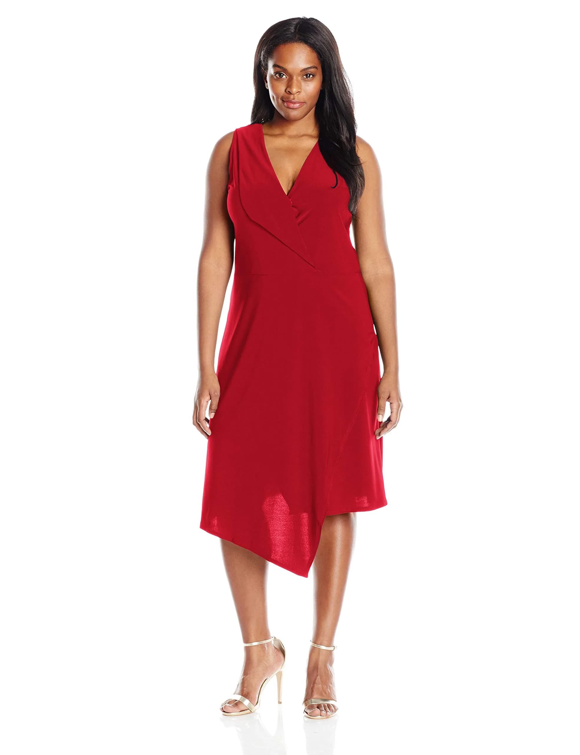 Star Vixen Plus-Size Sleeveless Asymmetrical Dress with Fold Over Collar, Red, 2X | Elegant Summer Dress for Women