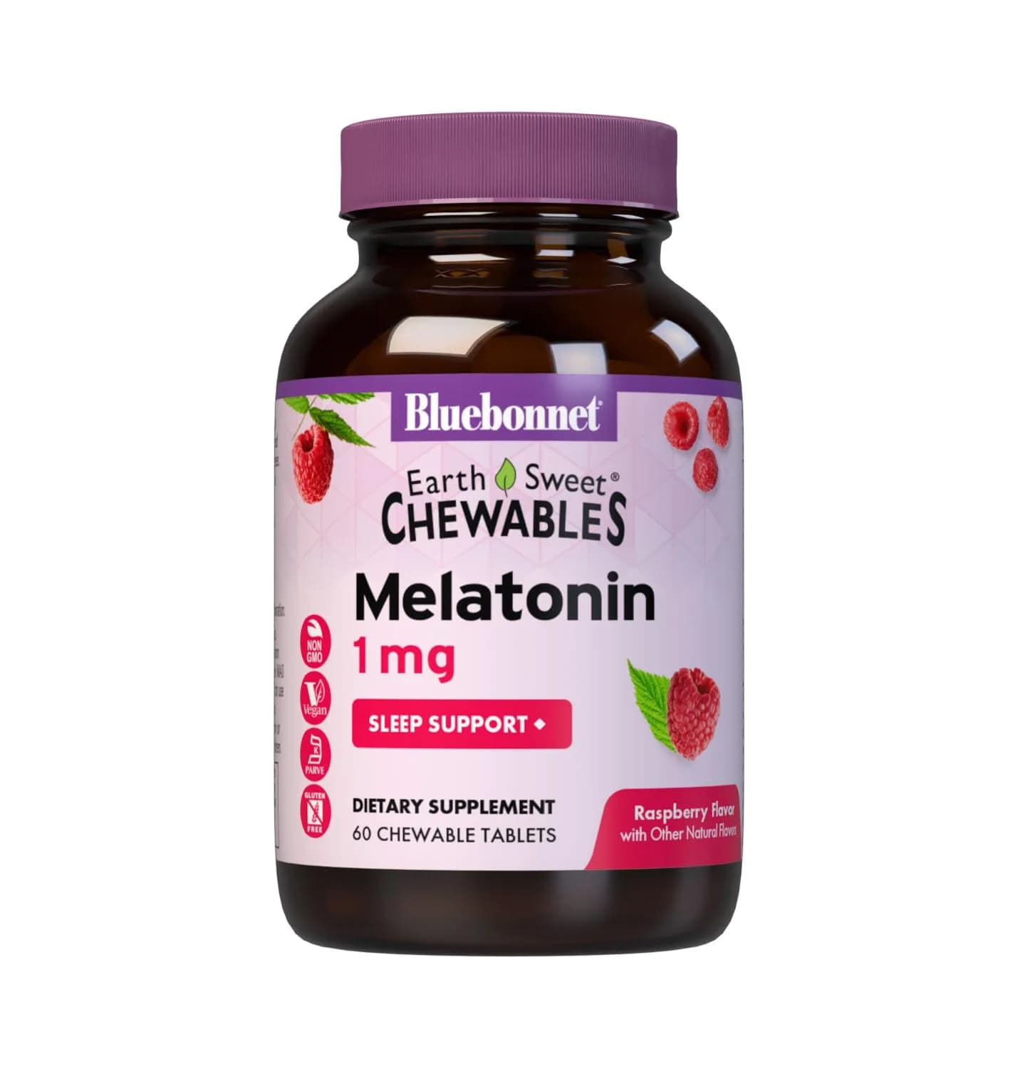 Bluebonnet EarthSweet Melatonin 1mg Chewable Tablets Raspberry 60 Count | Supports Restful Sleep - main product image