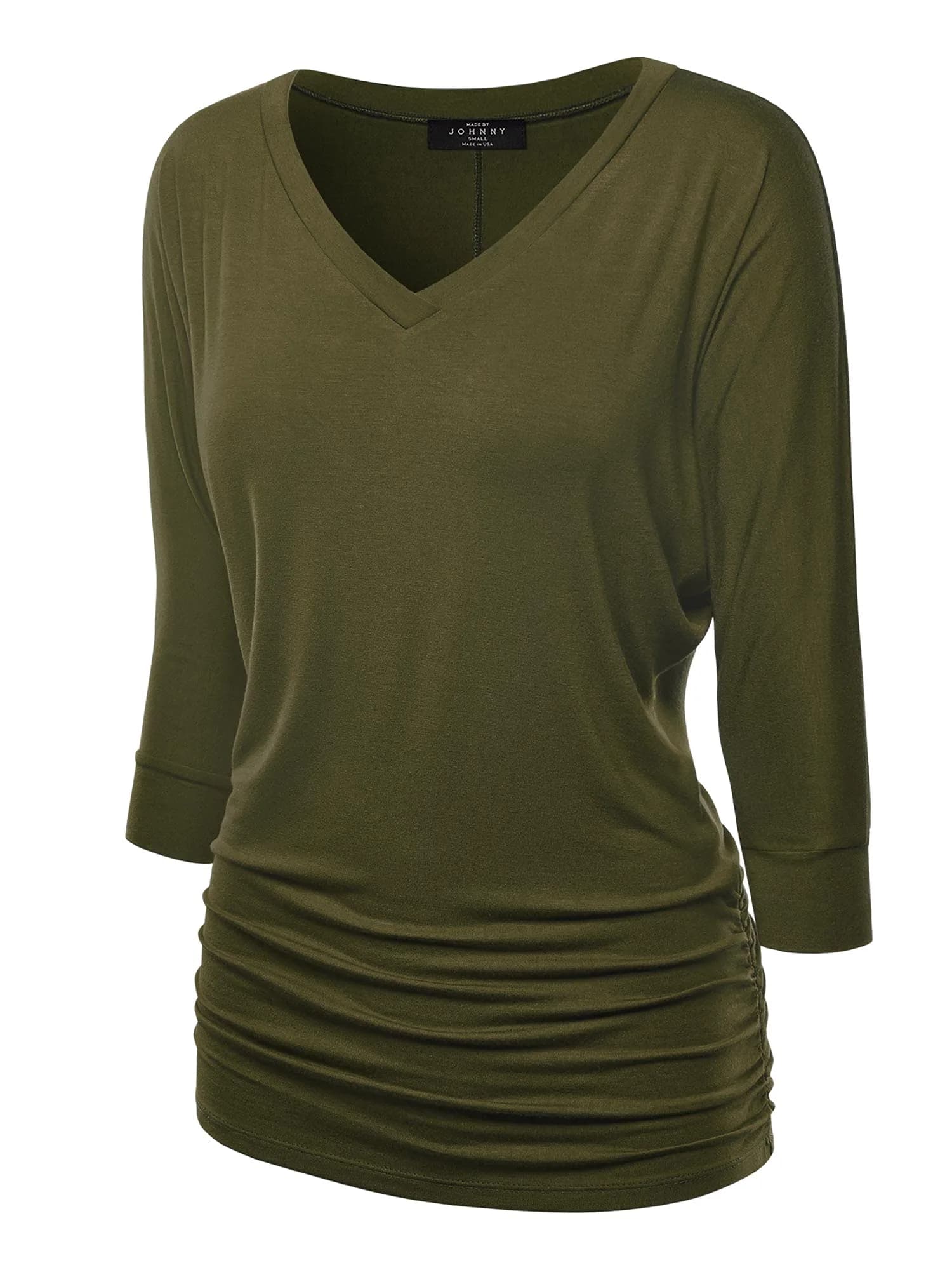 Made By Johnny Womens V Neck 3/4 Sleeve Dolman Top with Side Shirring XXL Olive | Casual Lightweight Rayon Blend