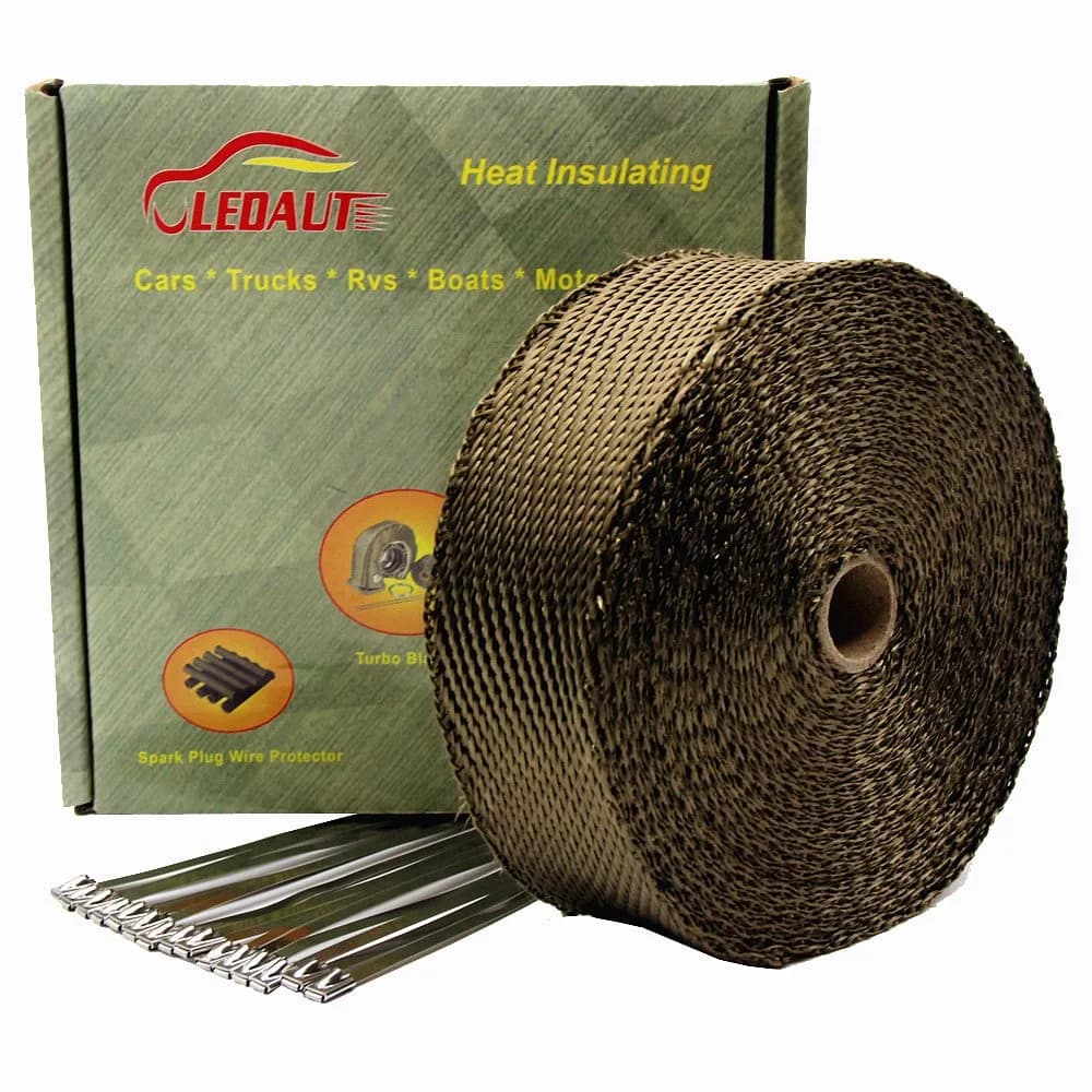 LEDAUT 2"x 50' Twill Weave Motorcycle ATV Titanium Exhaust Heat Shield Wrap with 11.8" Locking Ties (Pack of 15) | 1800°F Heat Resistance, 50% Heat Reduction