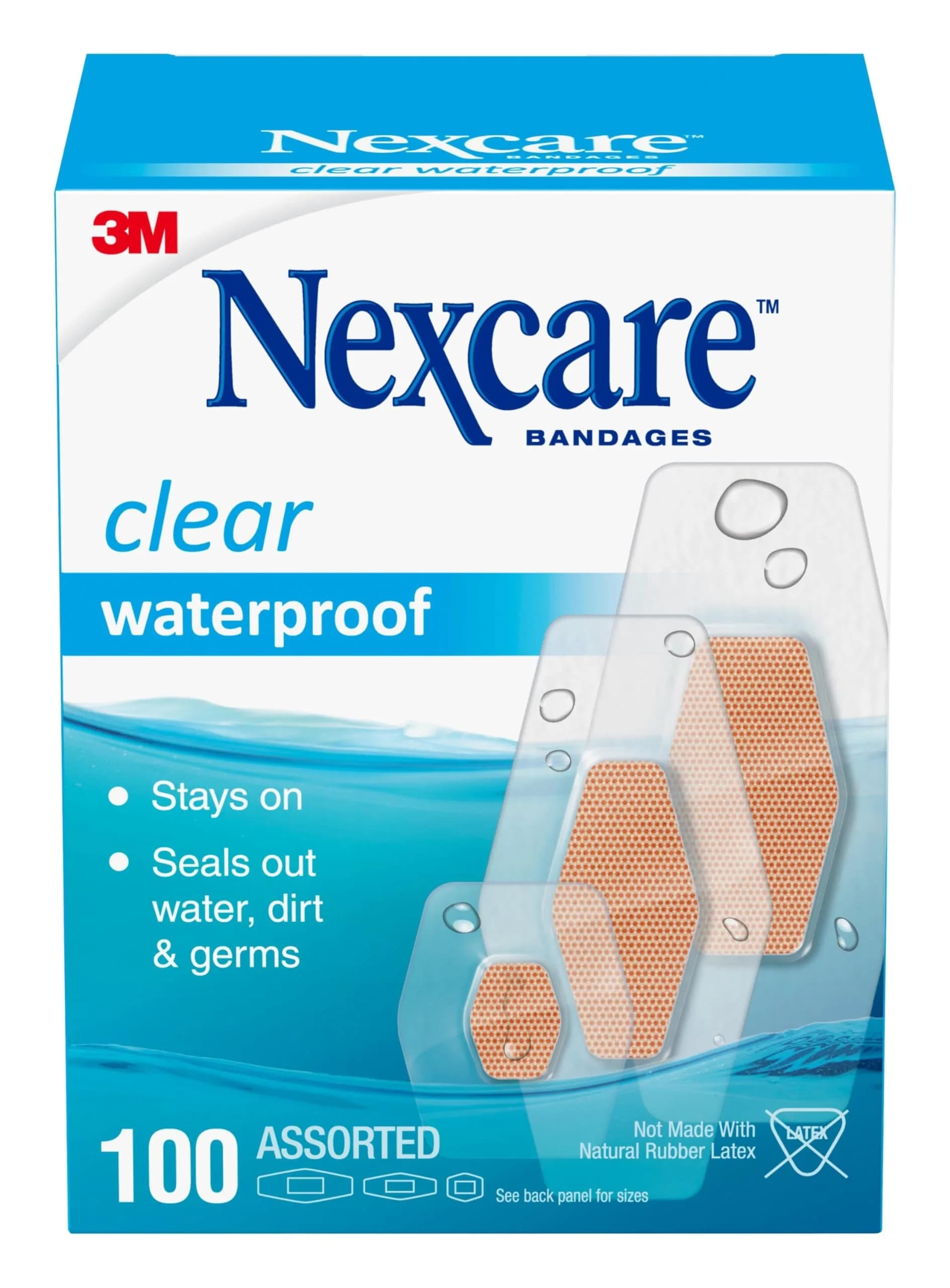 Nexcare Waterproof Clear Bandages Assorted Sizes 100 Count | 360 Degree Seal for Water & Germ Protection - main product image
