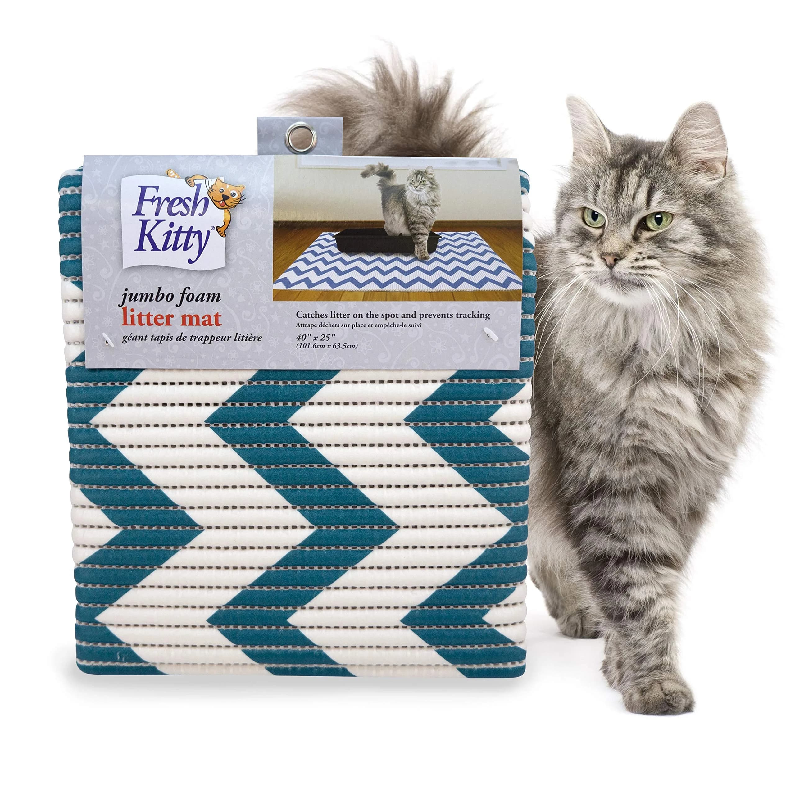 Fresh Kitty Water Resistant Waste Bag – XL Jumbo Foam Litter Mat, Blue/White Chevron, Phthalate & BPA Free, 40" x 25"