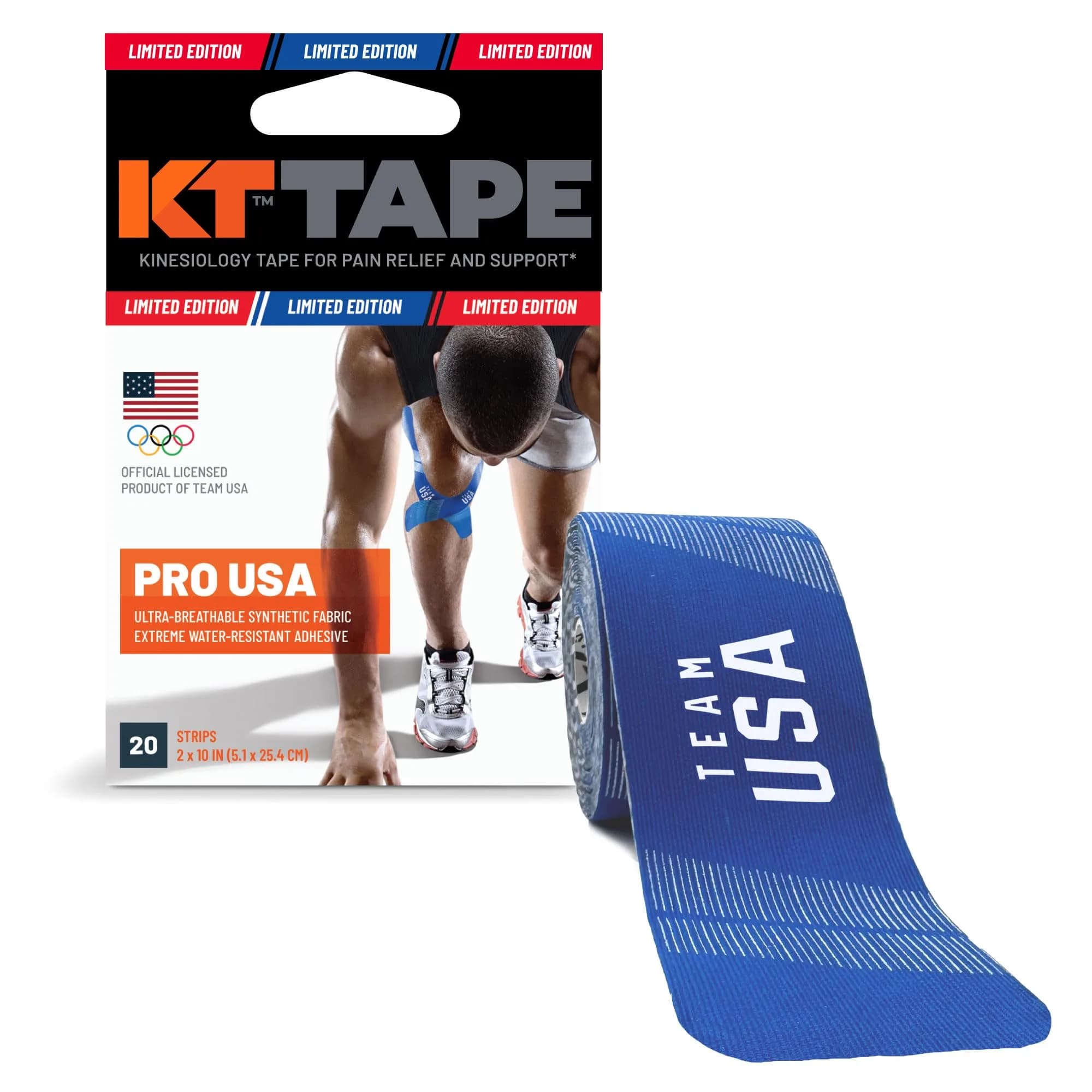 KT Tape Pro Synthetic Kinesiology Athletic Tape 20 Count 10-inch Precut Strips | USA Blue - main product image