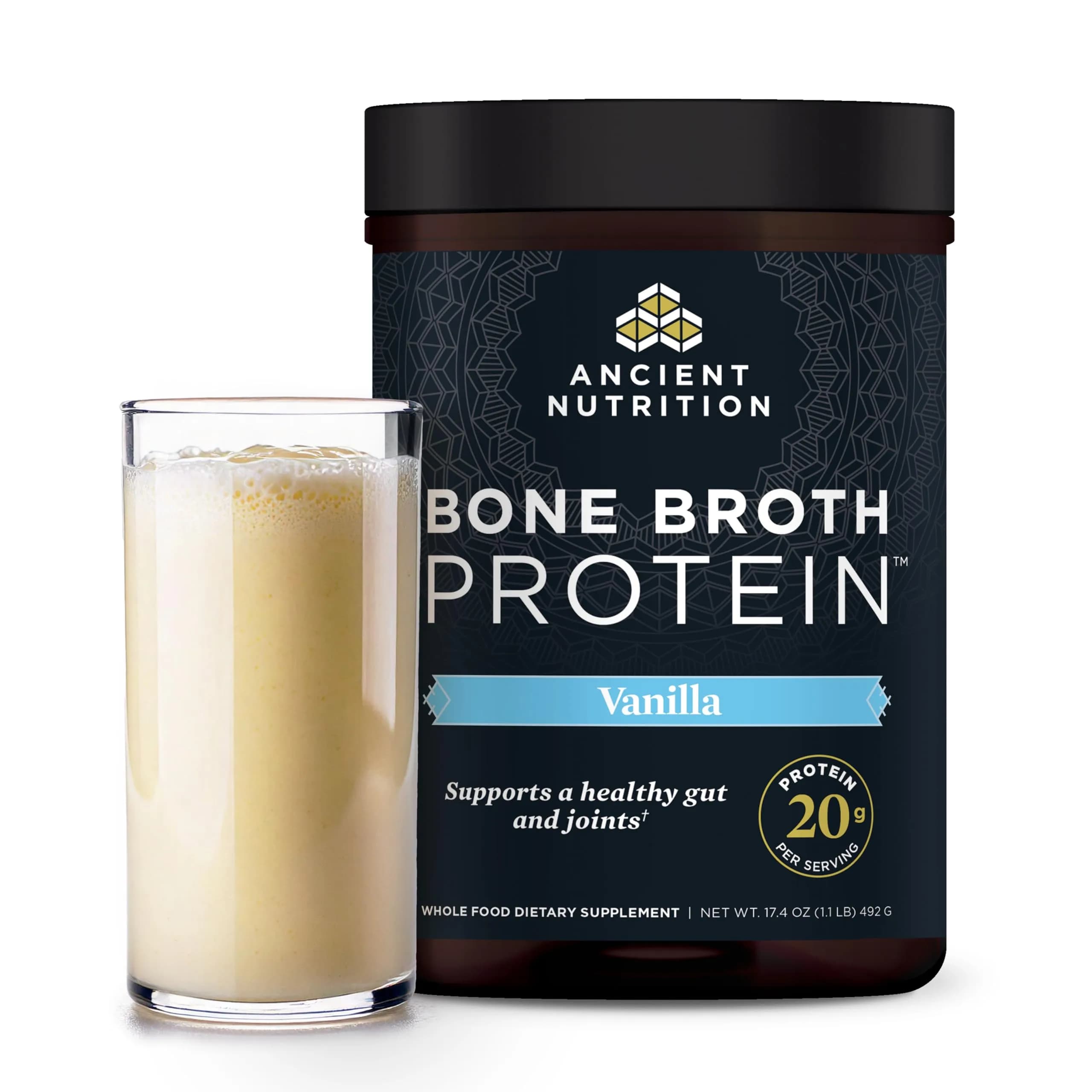 Ancient Nutrition Bone Broth Protein Powder Vanilla 20 Servings (590g / 1.3lb) | 20g Protein Per Serving - main product image