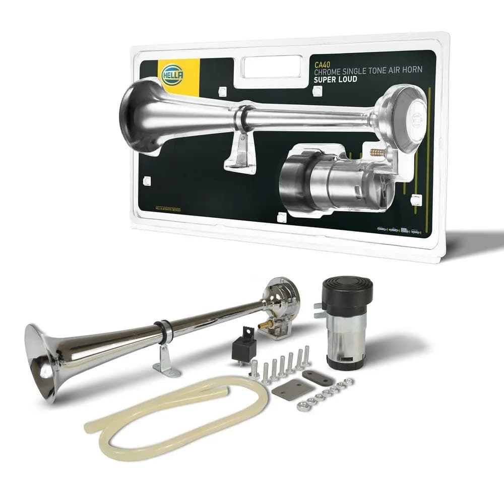 Hella Chrome 12V Air Horn Kit | 115dB Sound for Vehicles, 15 inch Length