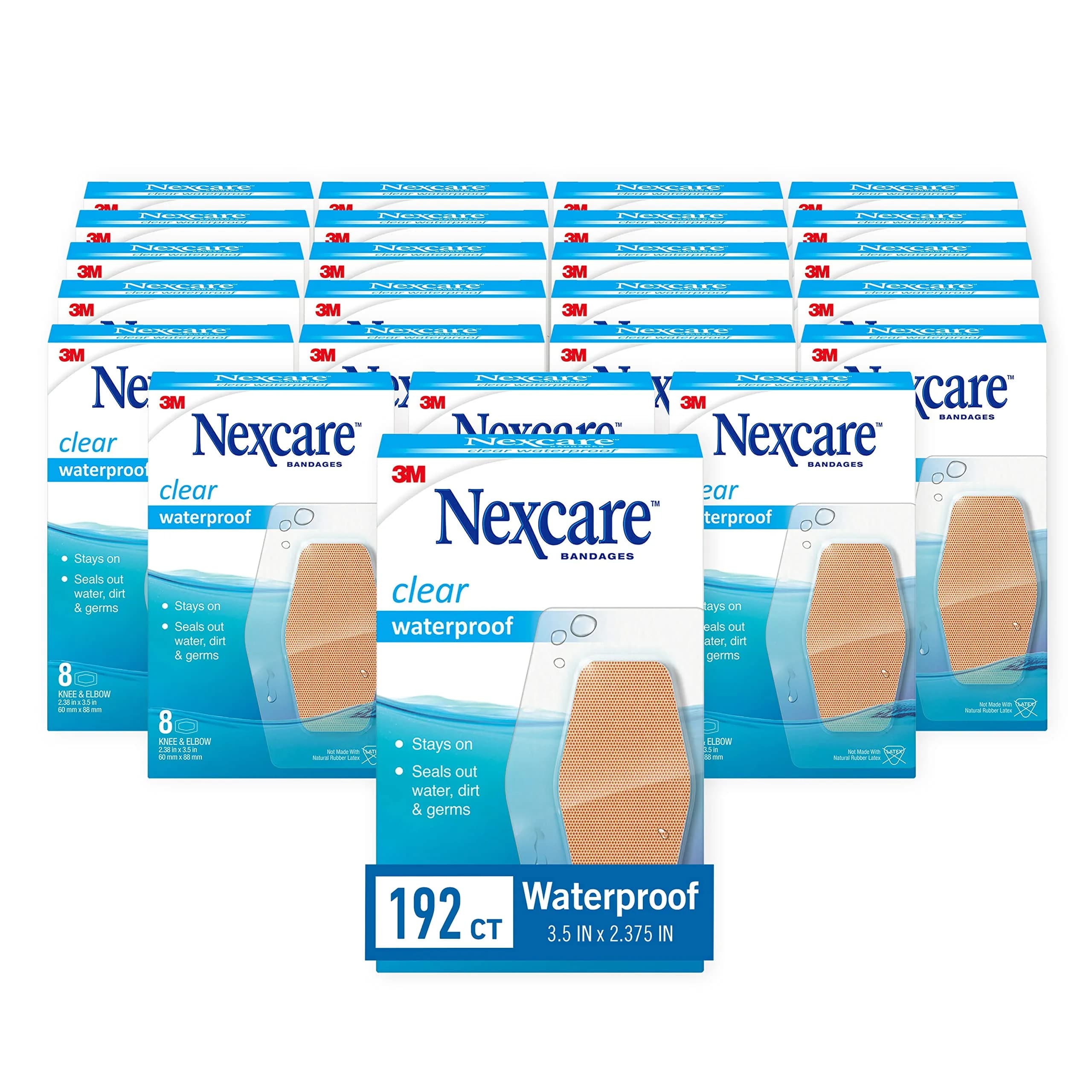 Nexcare Waterproof Clear Bandages for Knee and Elbow, 192 Count (24 Packs of 8) | Stays On in Water, Protects Wounds - main product image