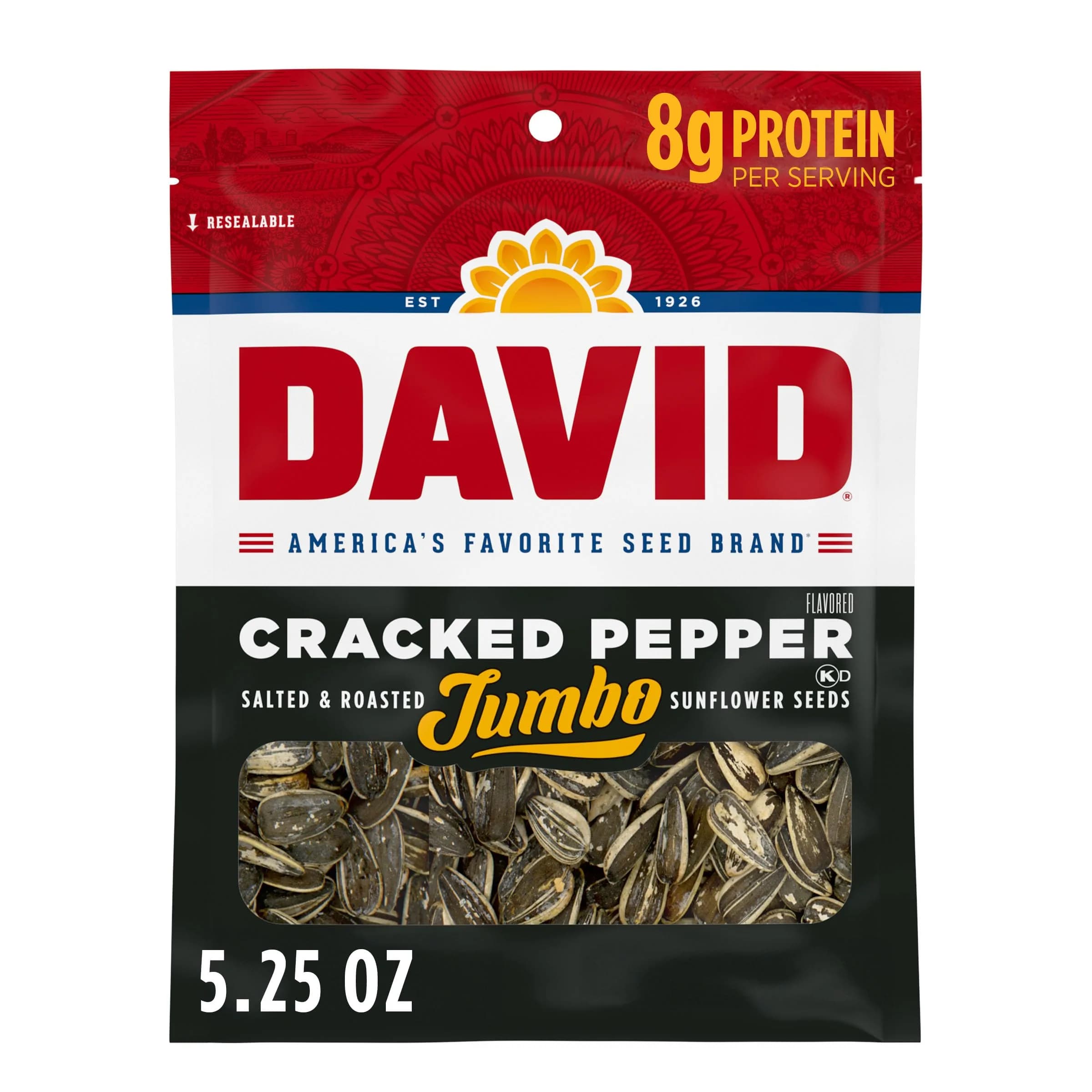 David Jumbo Sunflower Seeds Cracked Pepper Flavor 5.25 oz | Crunchy, Salted & Roasted