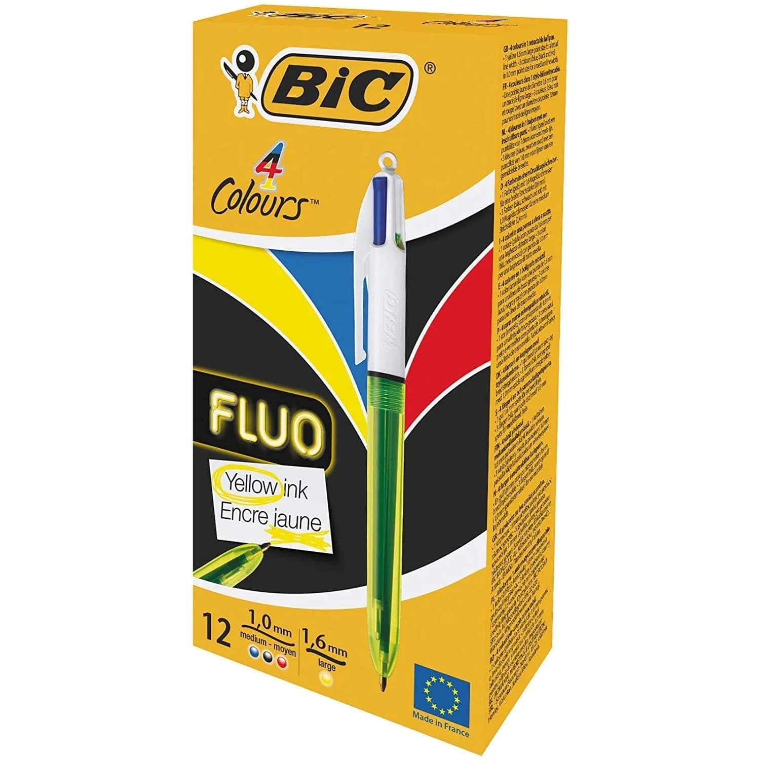 BIC 4 Colour Fluo Retractable Ballpoint Pen Pack of 12 | Fluorescent Multi-Color Office & School Supply