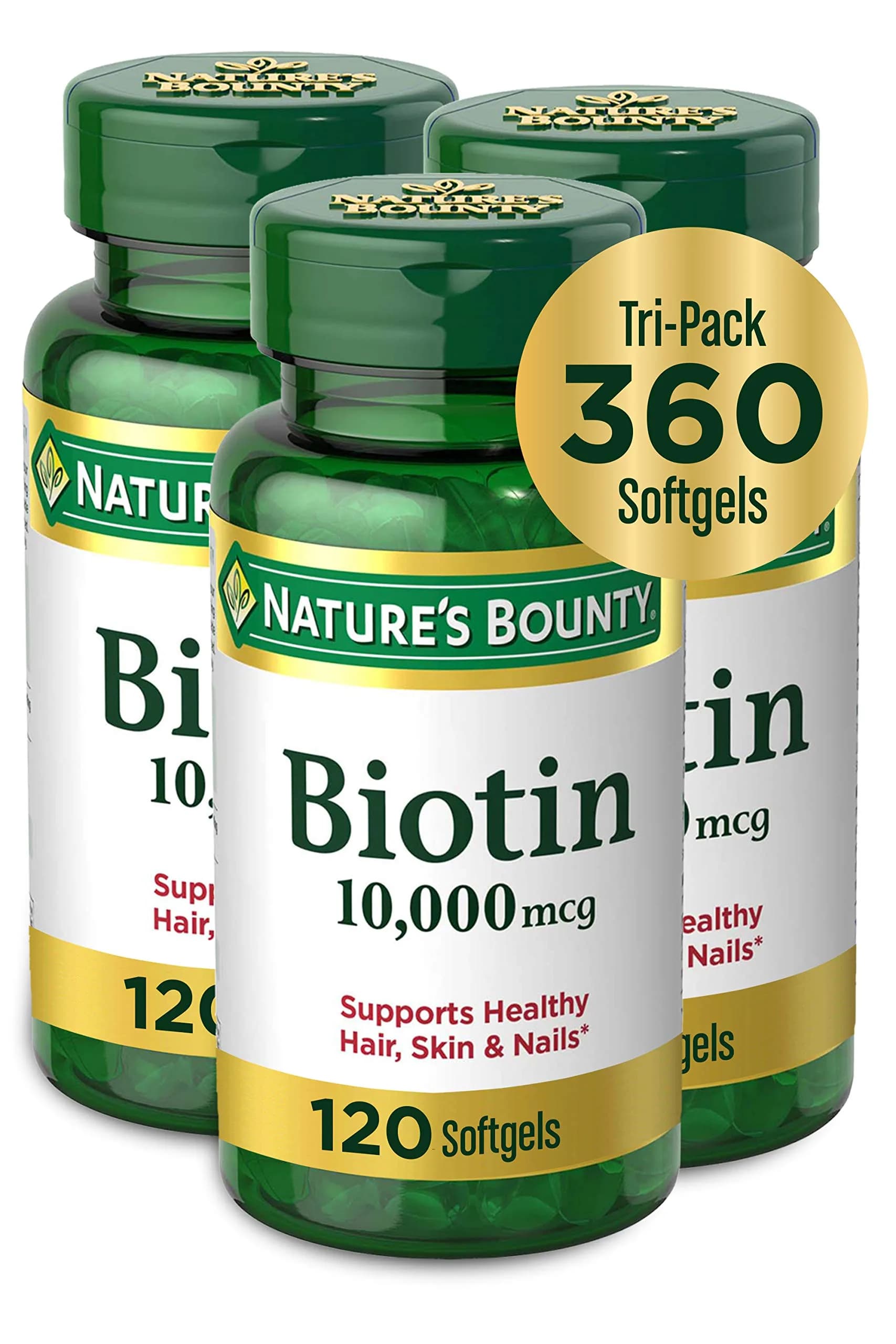 Nature's Bounty Biotin Hair Skin and Nails Vitamins, 10,000 mcg, 360 Count | Supports Healthy Hair, Skin and Nails - main product image
