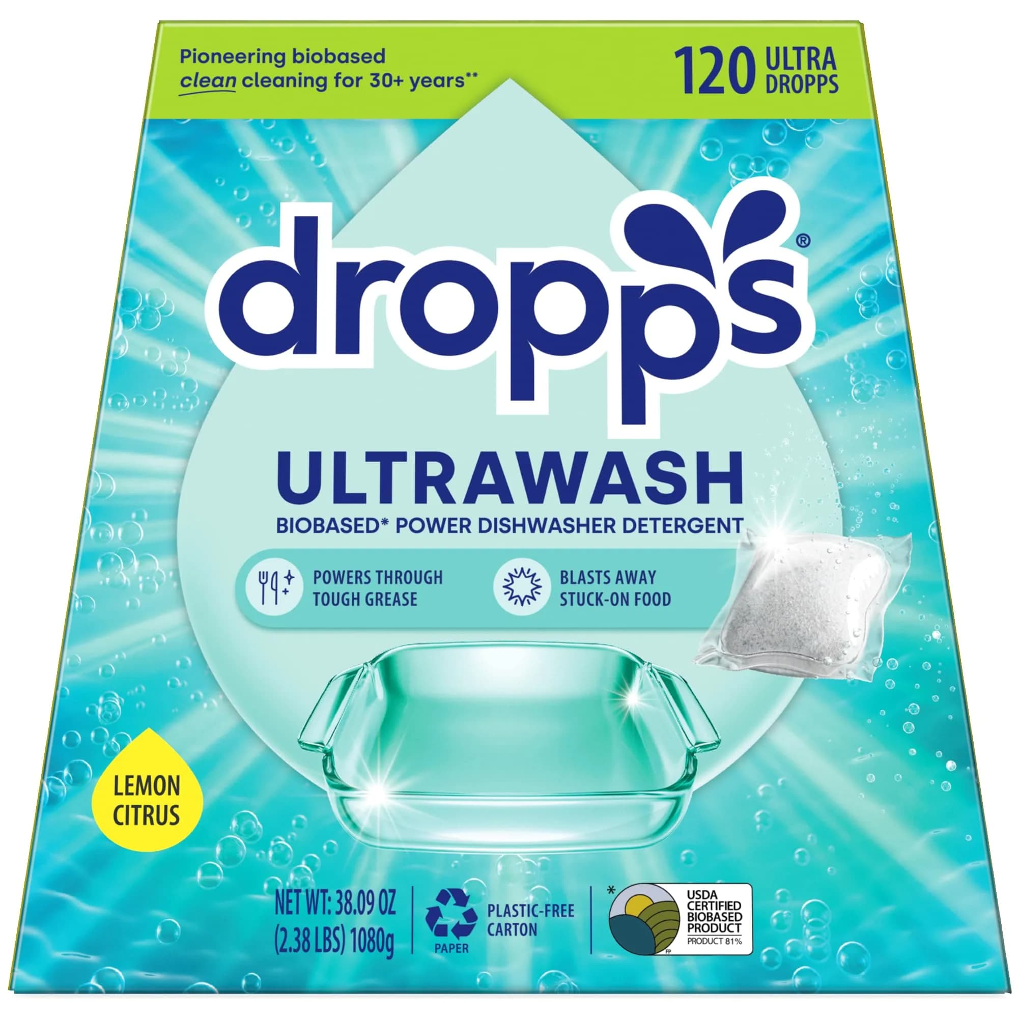 Dropps UltraWash Dishwasher Detergent Pods Lemon Citrus 120 Ct | USDA Certified Biobased Formula - main product image