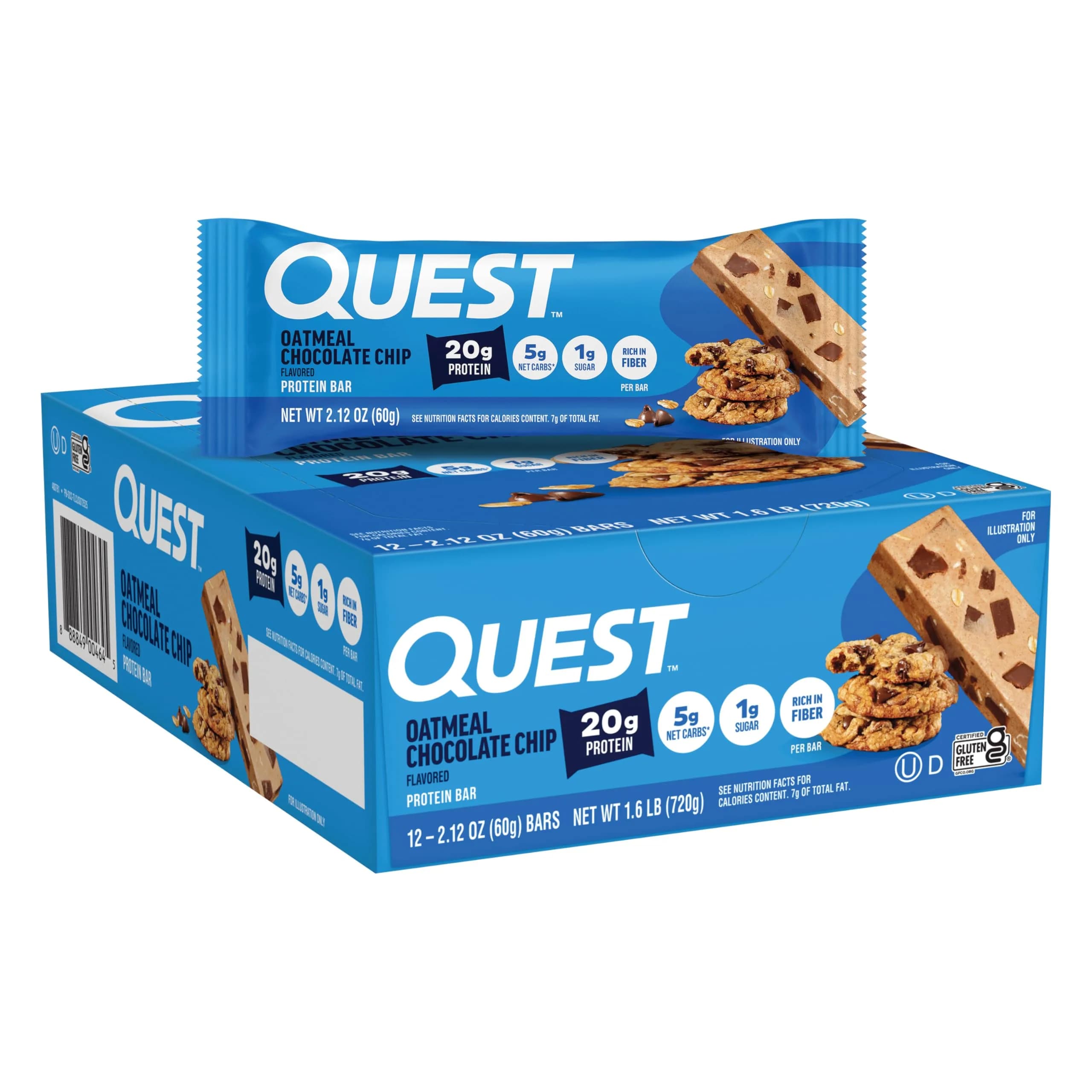 Quest Oatmeal Chocolate Chip Protein Bar 20g Protein 1g Sugar 5g Net Carb Gluten Free Keto Friendly (12 Count) - main product image