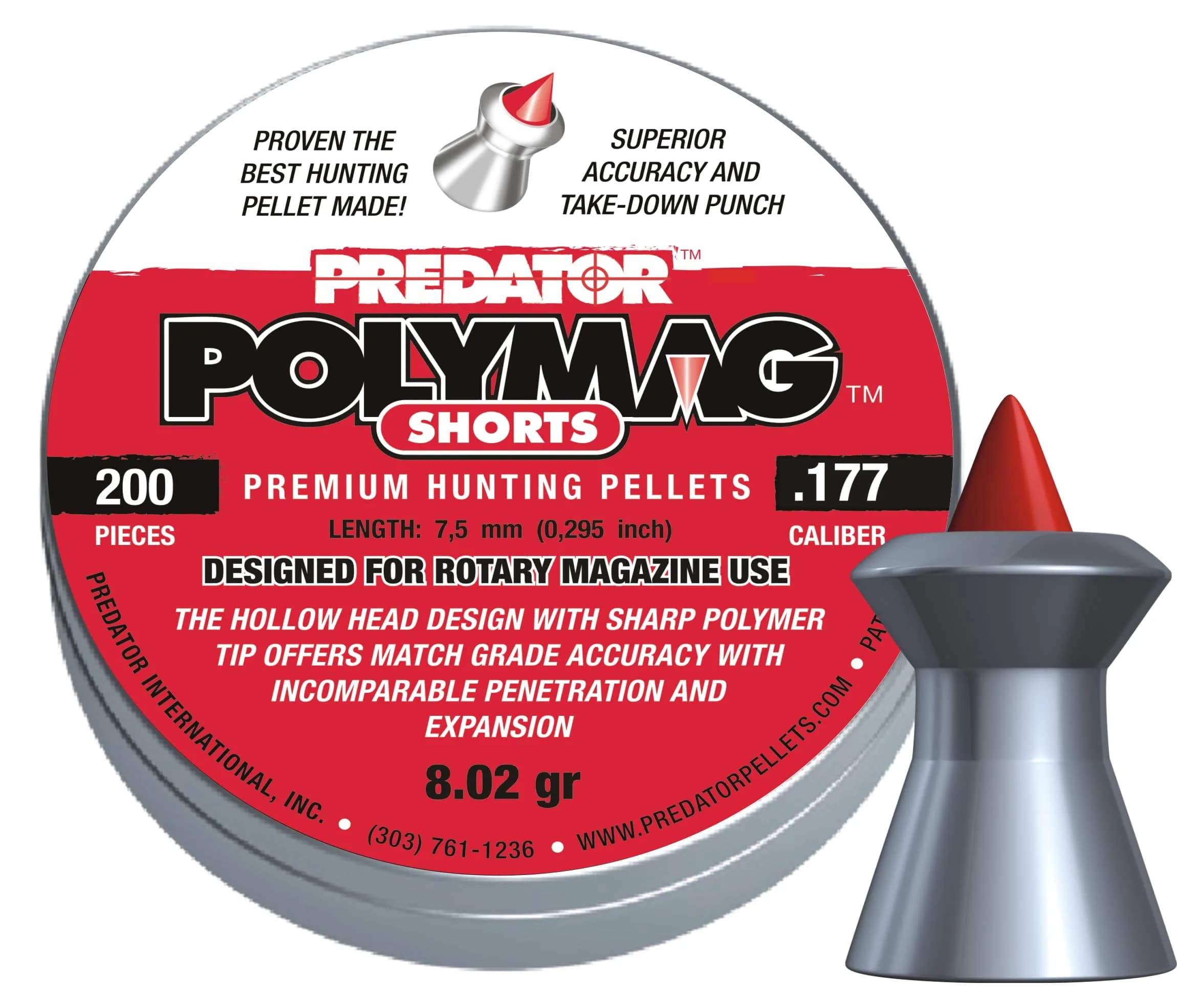 Predator Polymag 1010-01 Short Air Gun Pellets .177 Cal, 8 Grains | Accurate, Heavy Hunting Pellet for Long Range Shooting