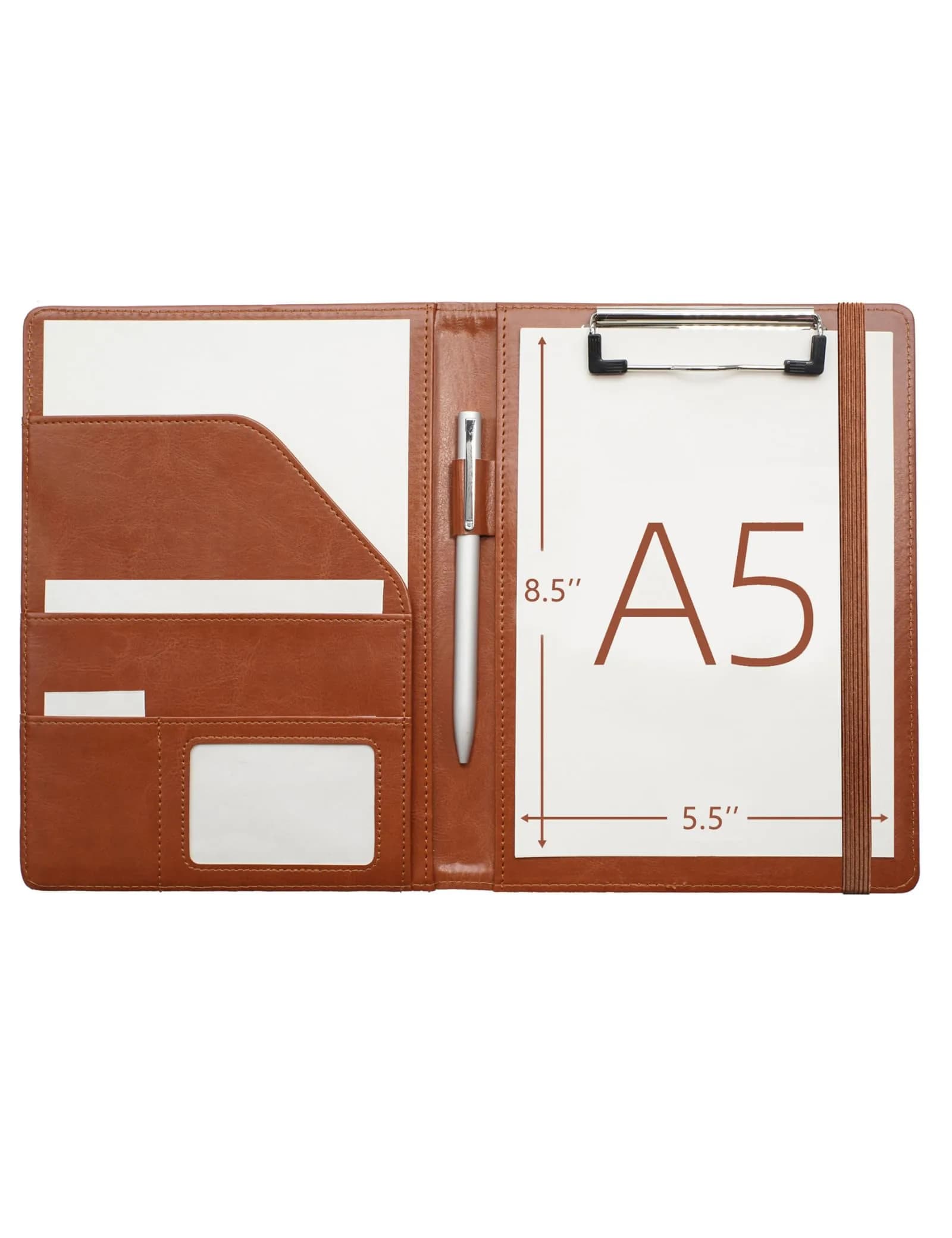 Mymazn Small Clipboard Padfolio for Women Fits 5x8 Inch Writing Pads | Brown Classic Faux Leather with Elastic Closure & Pockets - main product image