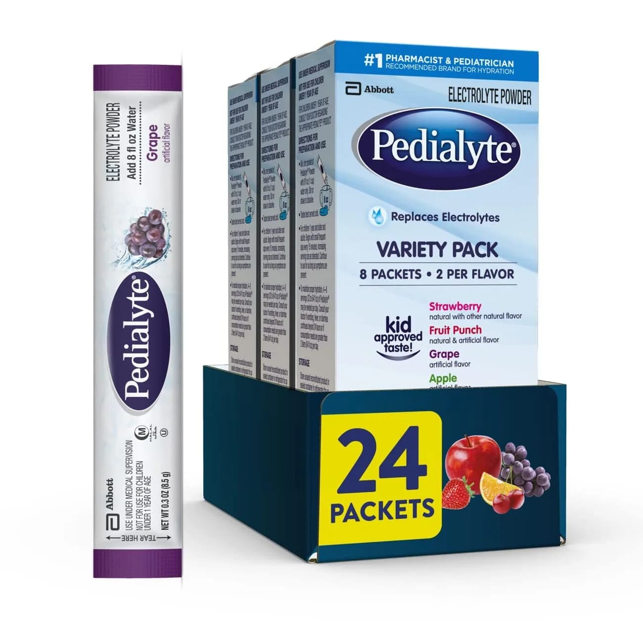 Pedialyte Electrolyte Powder Packets, Variety Pack, Hydration Drink, 24 Count (24 x 0.34 fl oz) | Trusted Electrolyte Blend for Rehydration - main product image