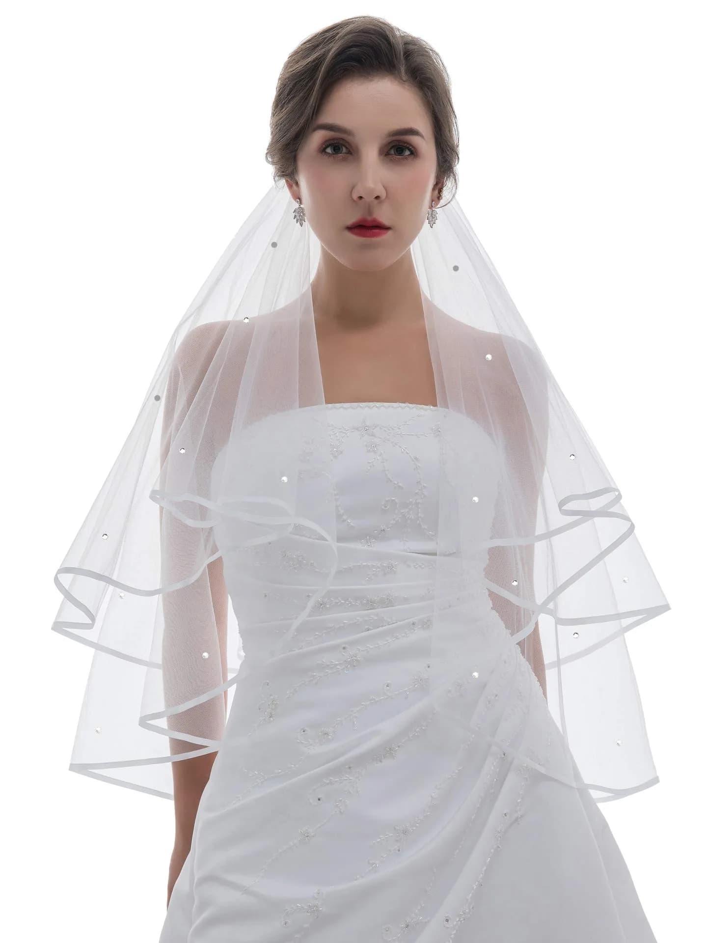 SAMKY Bridal Veil Fingertip Length 36" | Crystal Ribbon Edge, Rhinestones, Metal Comb