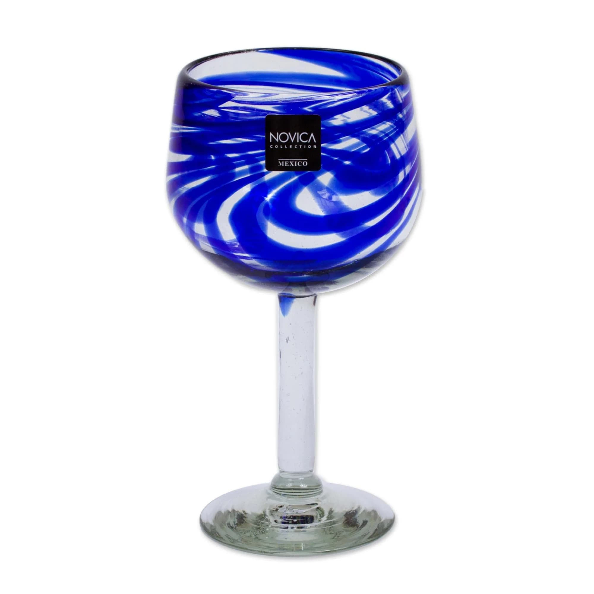 NOVICA Hand Blown Blue Swirl Recycled Glass Wine Glasses,11 Oz 'Blue Ribbon' (Large, Set Of 6) | Unique Mexican Craftsmanship