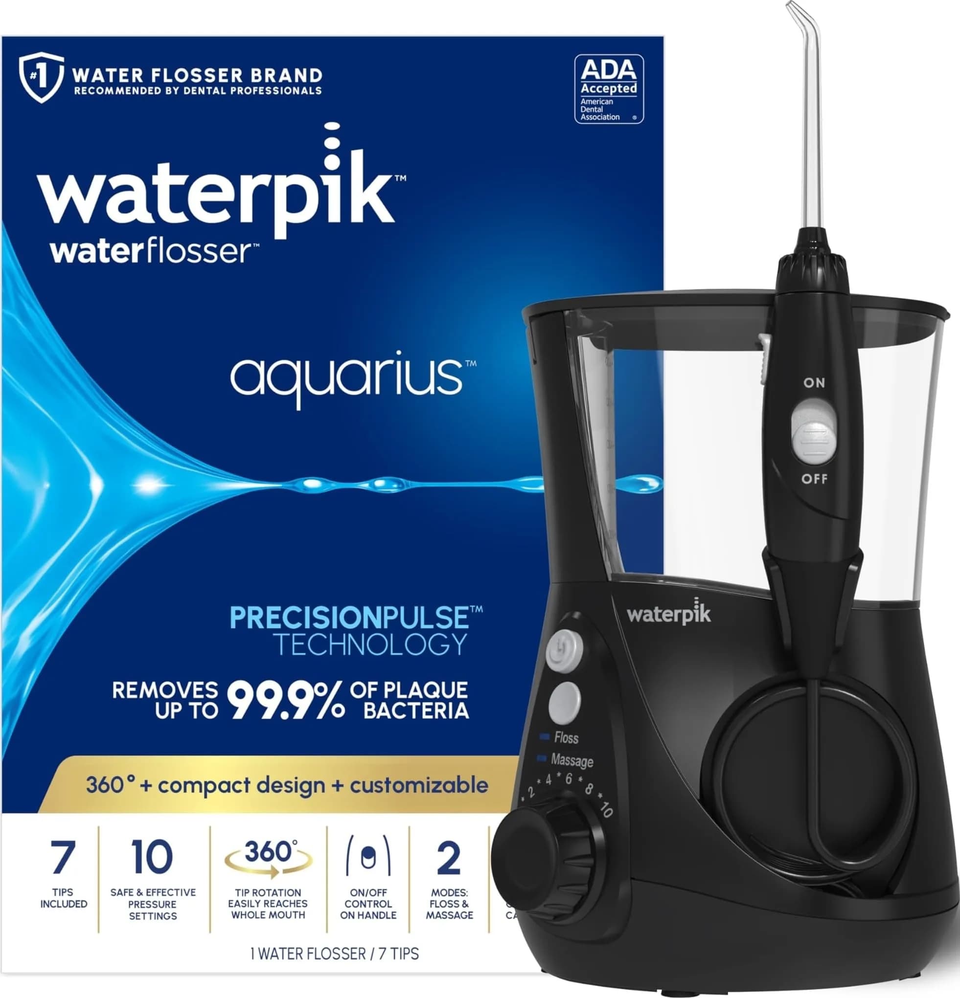 Waterpik Aquarius Countertop Water Flosser WP-662 Black | 10 Settings, 7 Tips, ADA Accepted - main product image