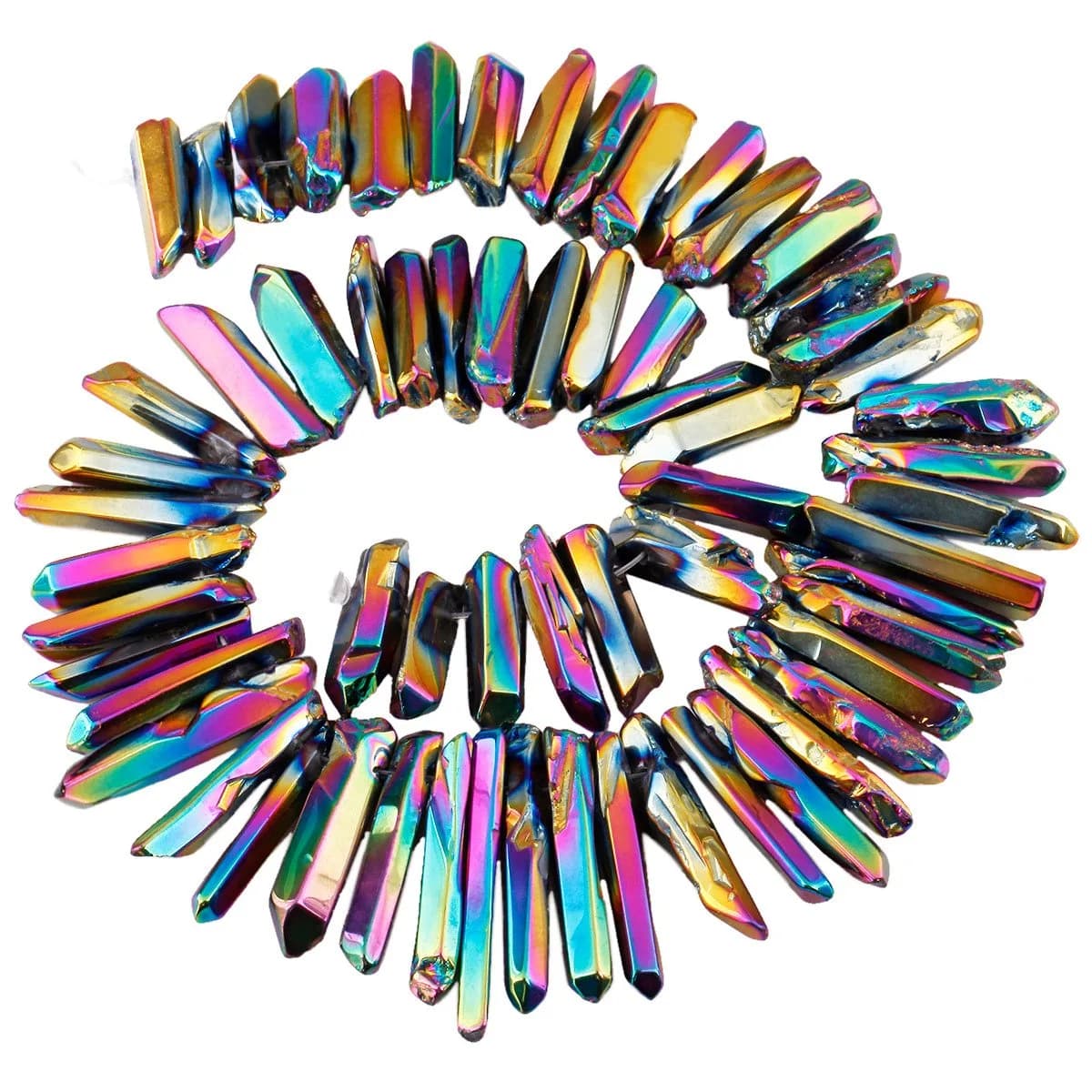 SUNYIK Rainbow Aura Titanium Coated Crystal Points Quartz Polished Sticks 15 inch Strand | Chakra Healing Gem Beads