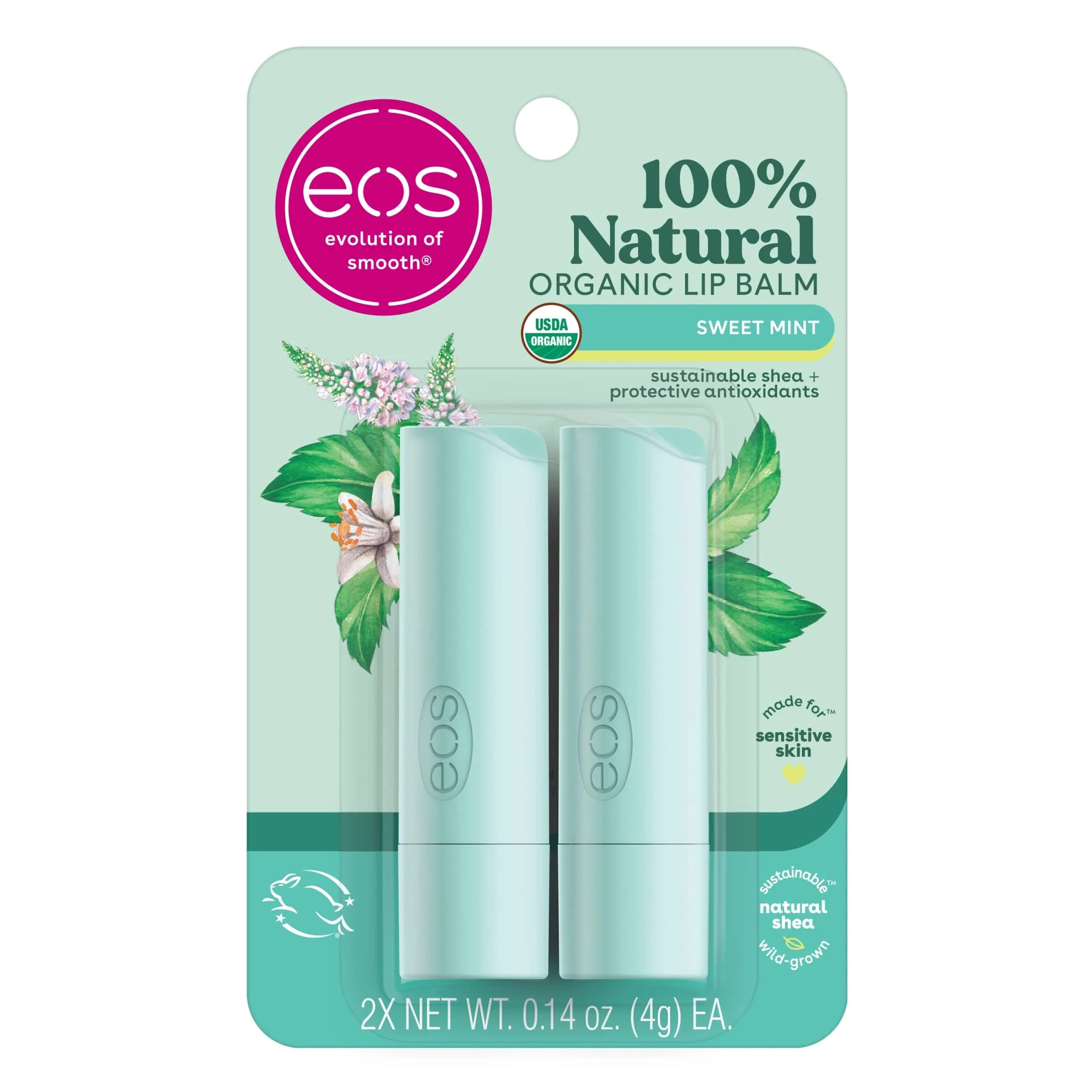 eos Sweet Mint 100% Natural & Organic Lip Balm Sticks | 0.28 oz (8g) 2-Pack - main product image