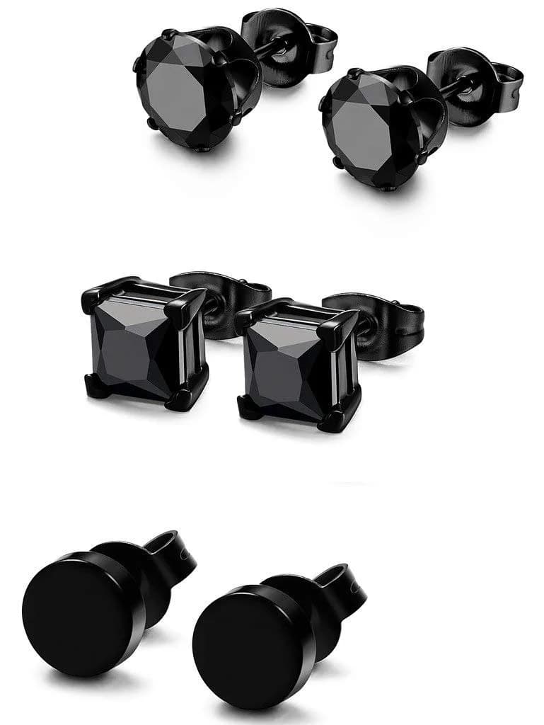 FIBO STEEL Stainless Steel Black Earrings Set for Men Women | Minimalist, Hypoallergenic, 3 Pairs