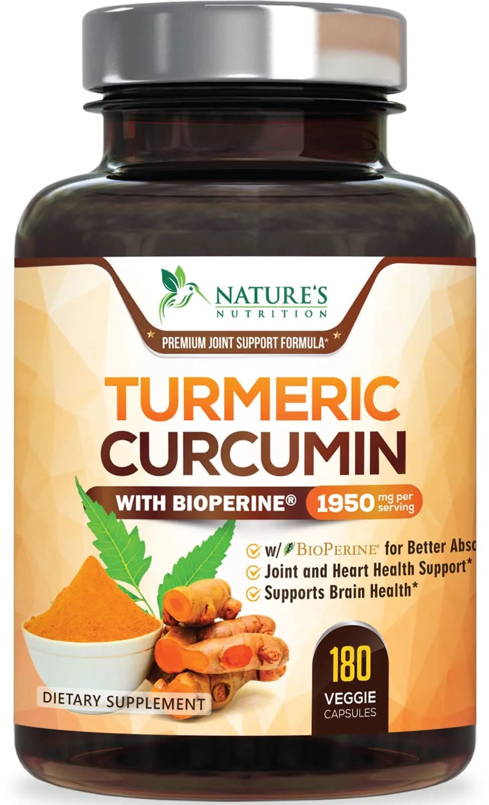 Nature's Nutrition Turmeric Curcumin 1950mg Non-GMO Herbal Supplement | Vegan Joint Support with BioPerine