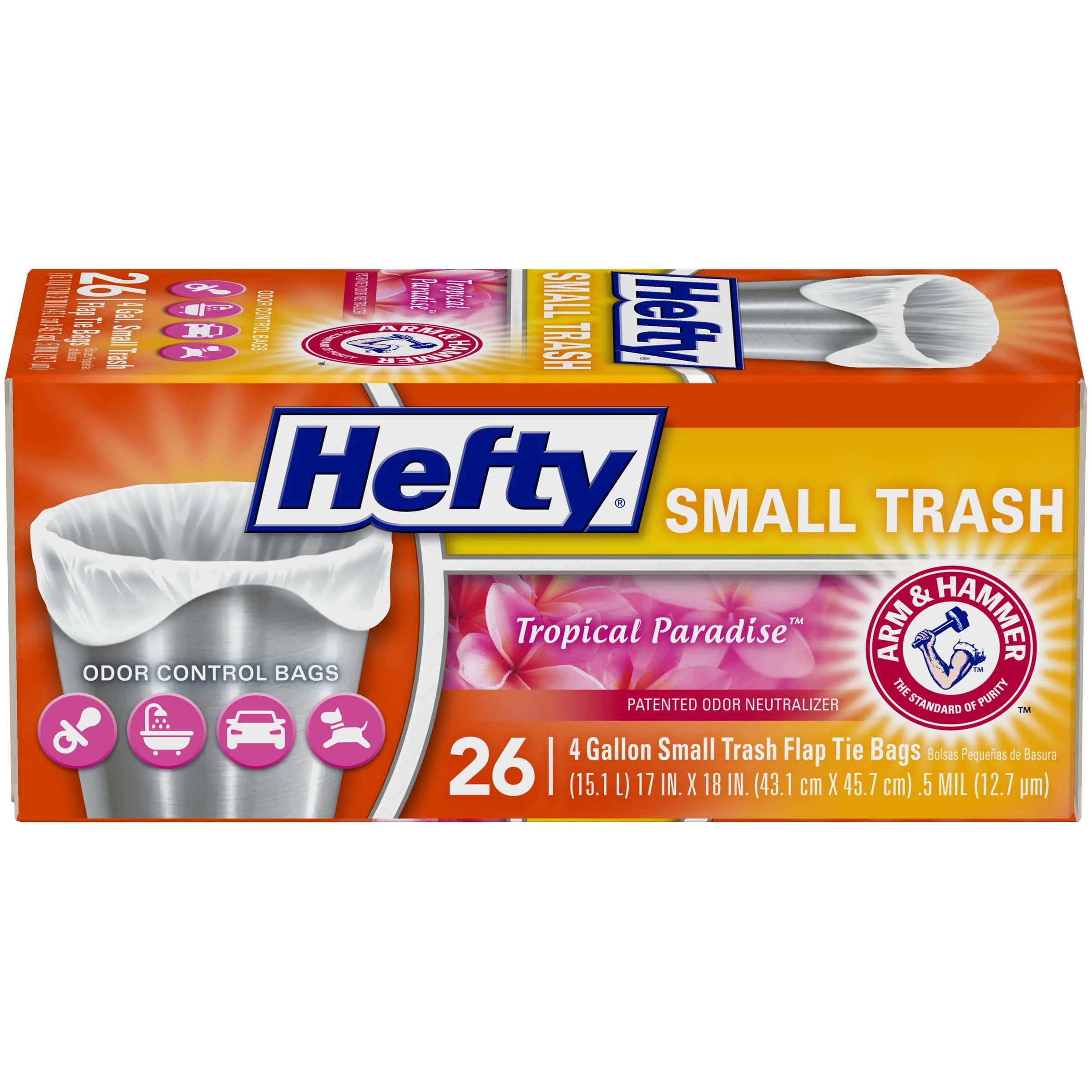 Hefty Small Garbage Bags, Flap Tie, Tropical Paradise Scent, 4 Gallon, 26 Count | Odor Neutralizer - main product image
