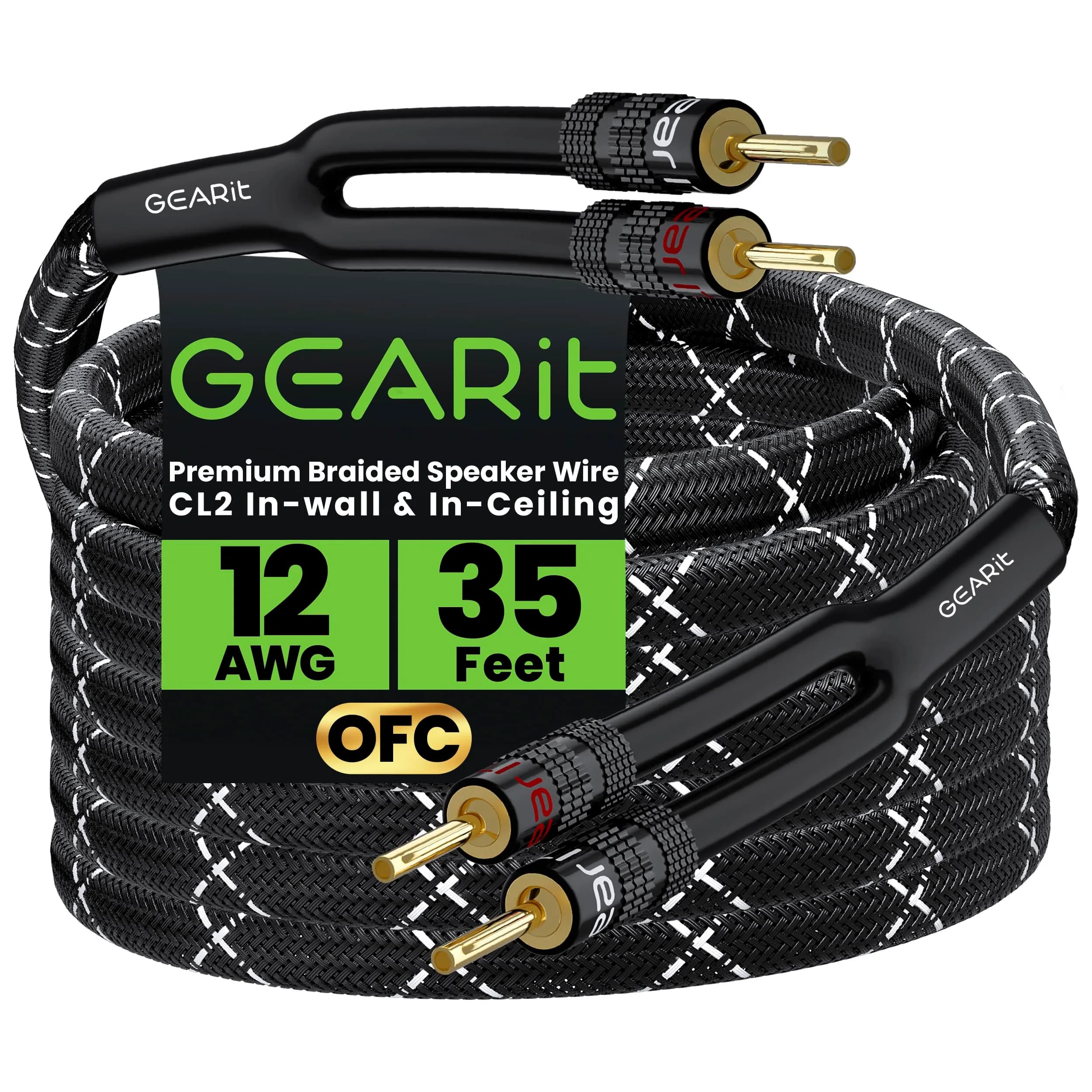 GEARit 12 Gauge Braided Speaker Cable with Banana Plugs 35 ft (10.67 m) | CL2 Rated OFC Copper Wire - main product image