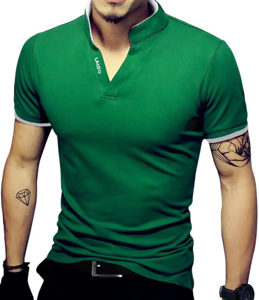 LOGEEYAR Short-Sleeve Slim Fit Cotton Pique Polo Shirt | Classic Style, Slim Fit, Green, Small