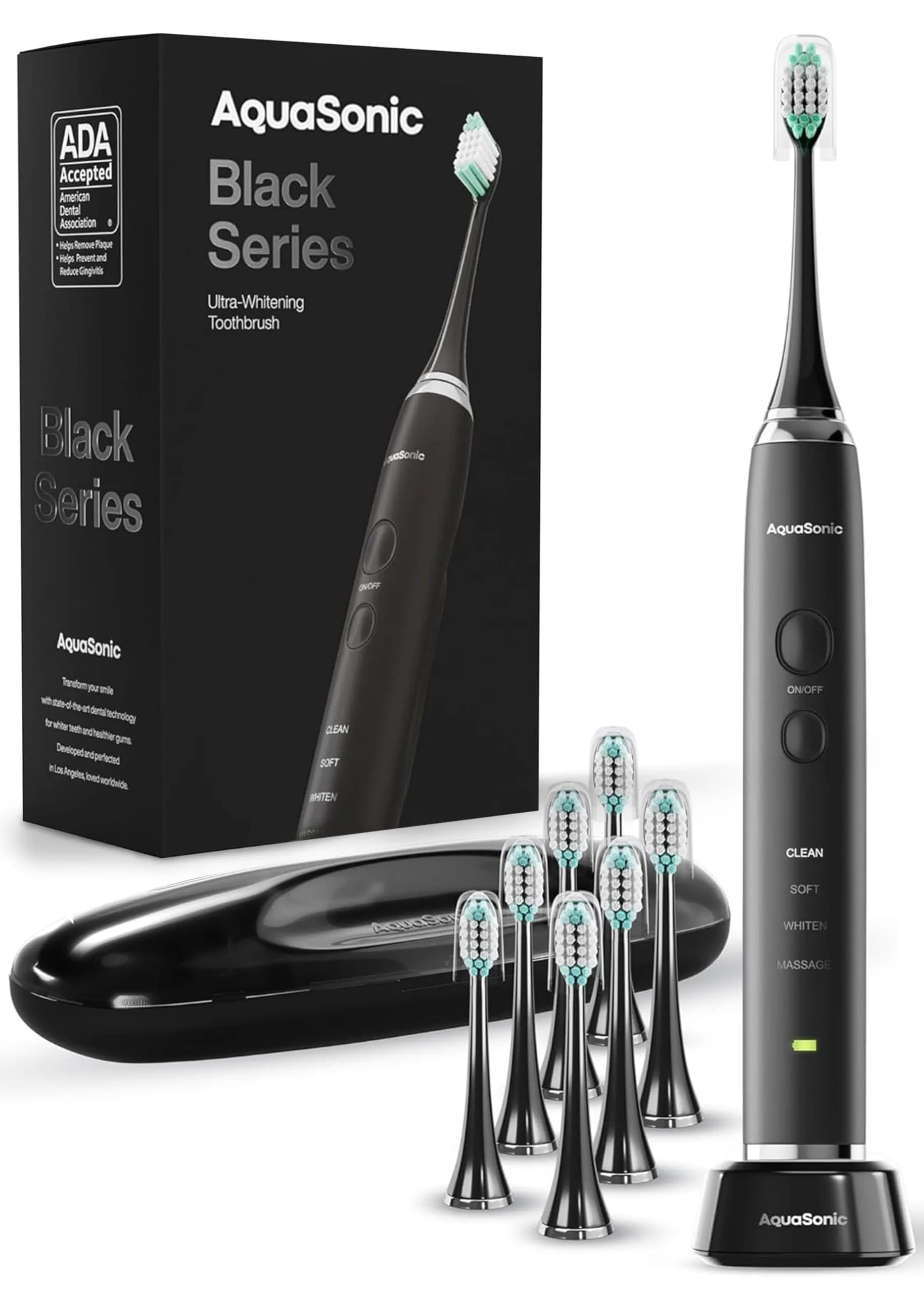 Aquasonic Black Series Ultra Whitening Toothbrush with 8 Brush Heads & Travel Case | ADA Accepted Electric Toothbrush - main product image
