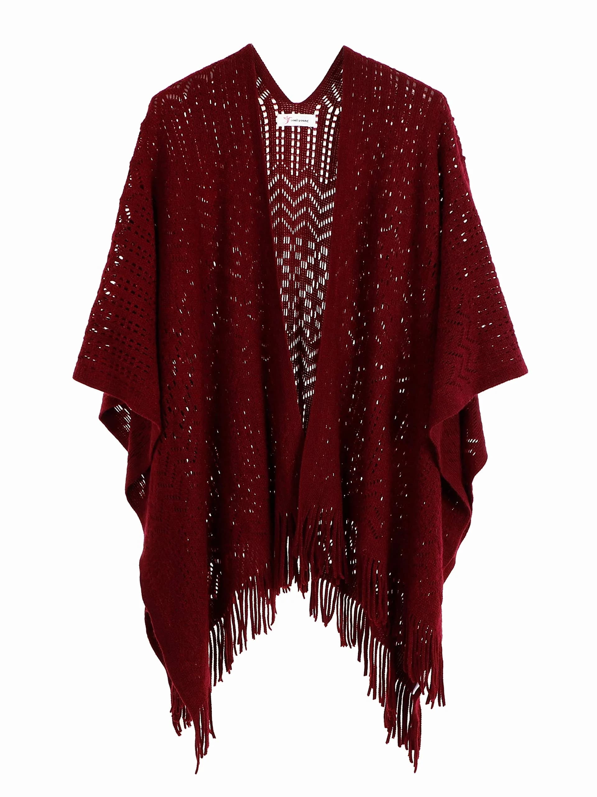 sy soul young Knit Shawl Wrap for Women Ladies Fringe Poncho Cape One Size Burgundy | Casual Loose Winter Summer