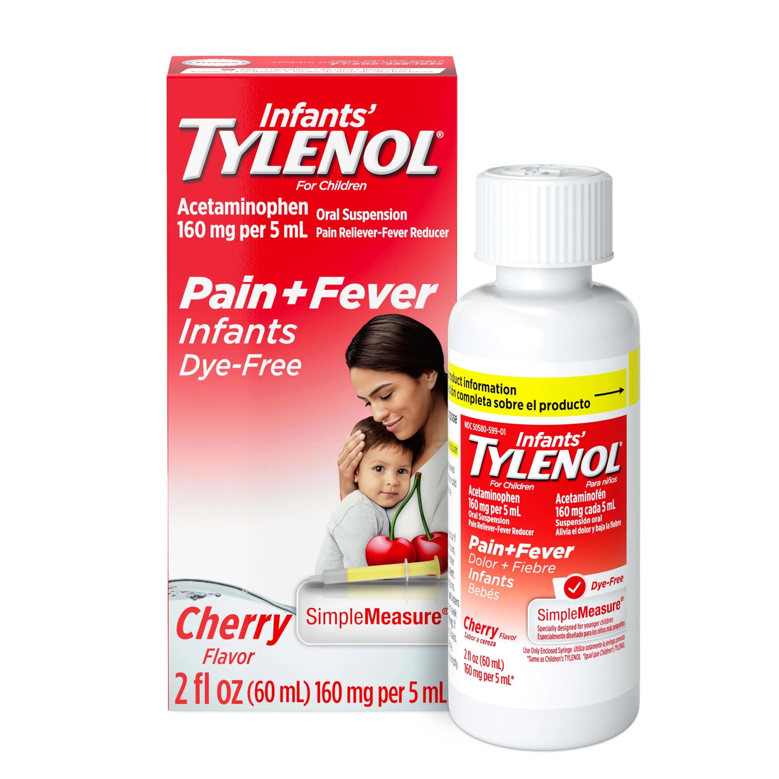 Infants’ Tylenol Dye-Free Acetaminophen Oral Suspension, Cherry Flavor, 60ml (2 Fl Oz) | Doctor Recommended Pain Relief & Fever Reducer - main product image