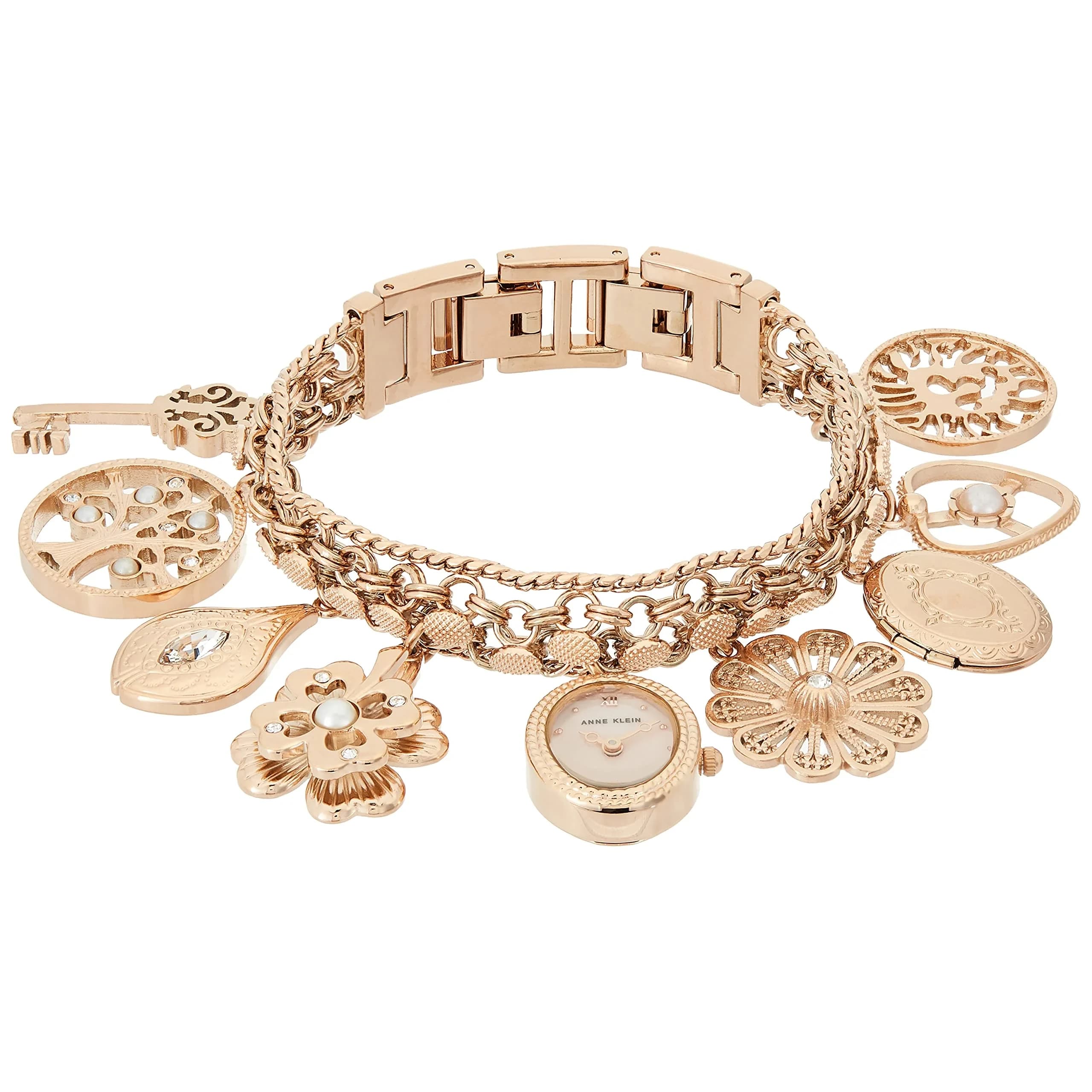 Anne Klein Women's Rose Gold Charm Bracelet Watch 18mm Case | Quartz Movement with Crystal Accents - main product image
