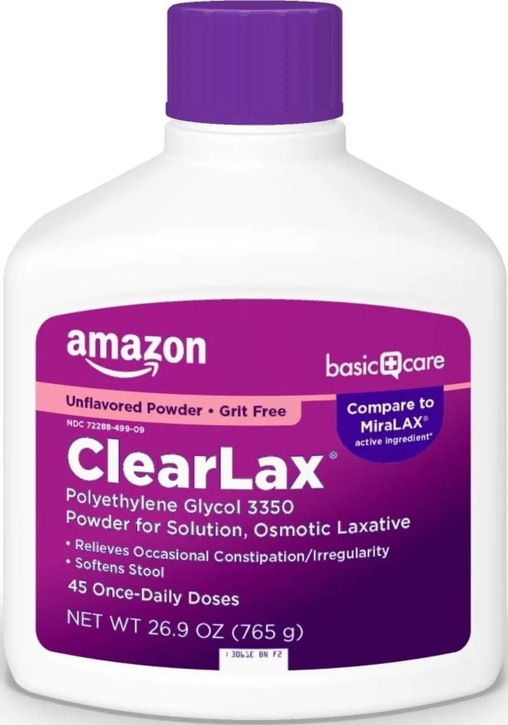Amazon Basic Care ClearLax Polyethylene Glycol 3350 Powder for Solution 762g (1.68 lb) | Osmotic Laxative, Relieves Occasional Constipation - main product image