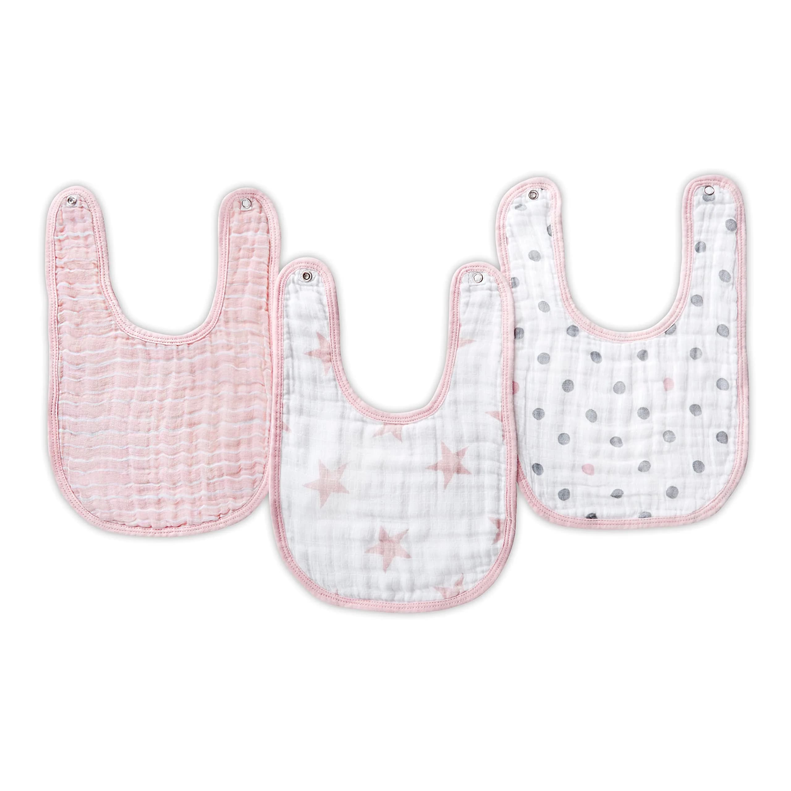 aden + anais Cotton Muslin Snap Bibs 3-Pack Pink | Soft, Absorbent, and Great Size/Shape - main product image