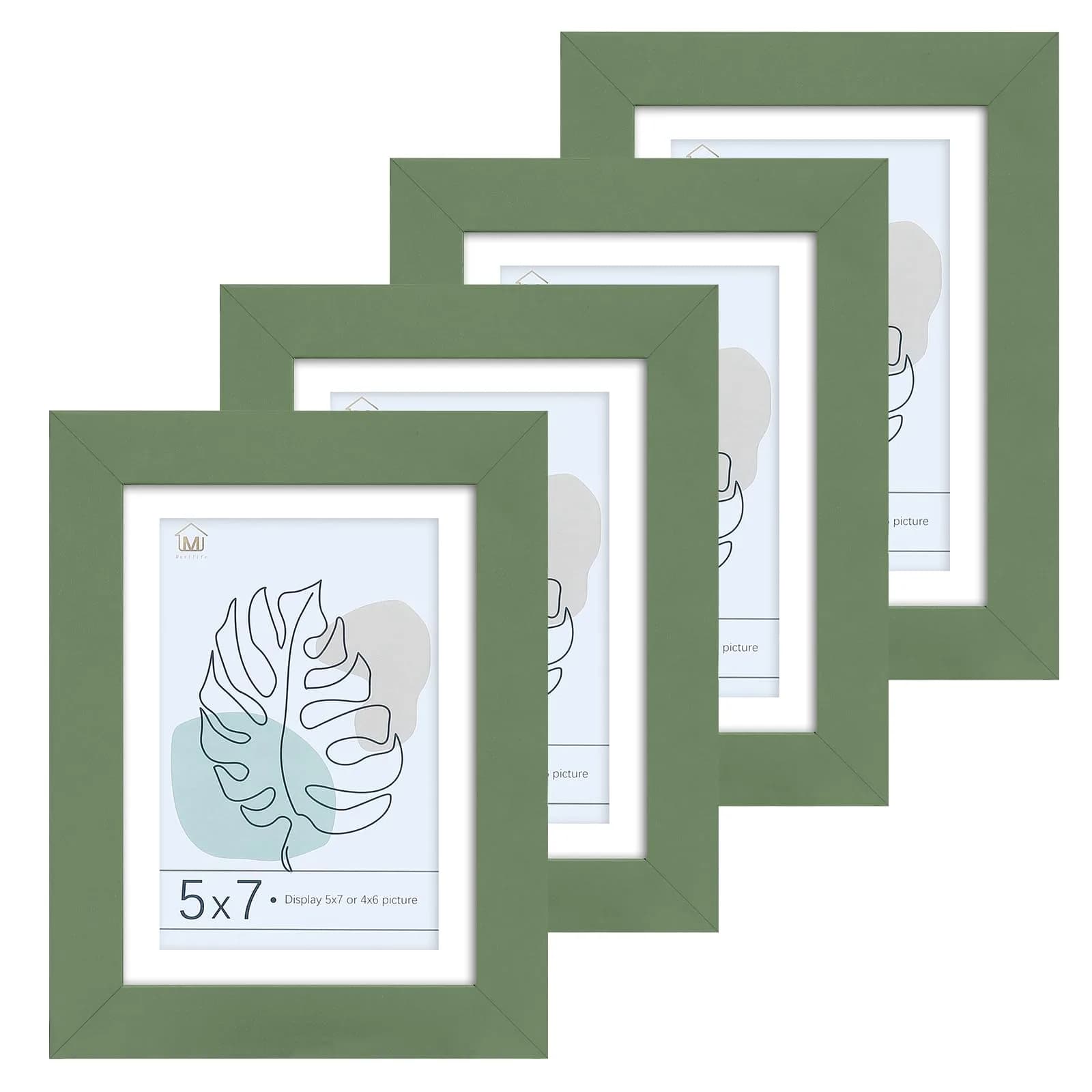 Muzilife Green 5x7 Wood Picture Frame with Mat, Real Glass Cover, 4 Pack | Classic Rustic Design for Wall & Tabletop Display