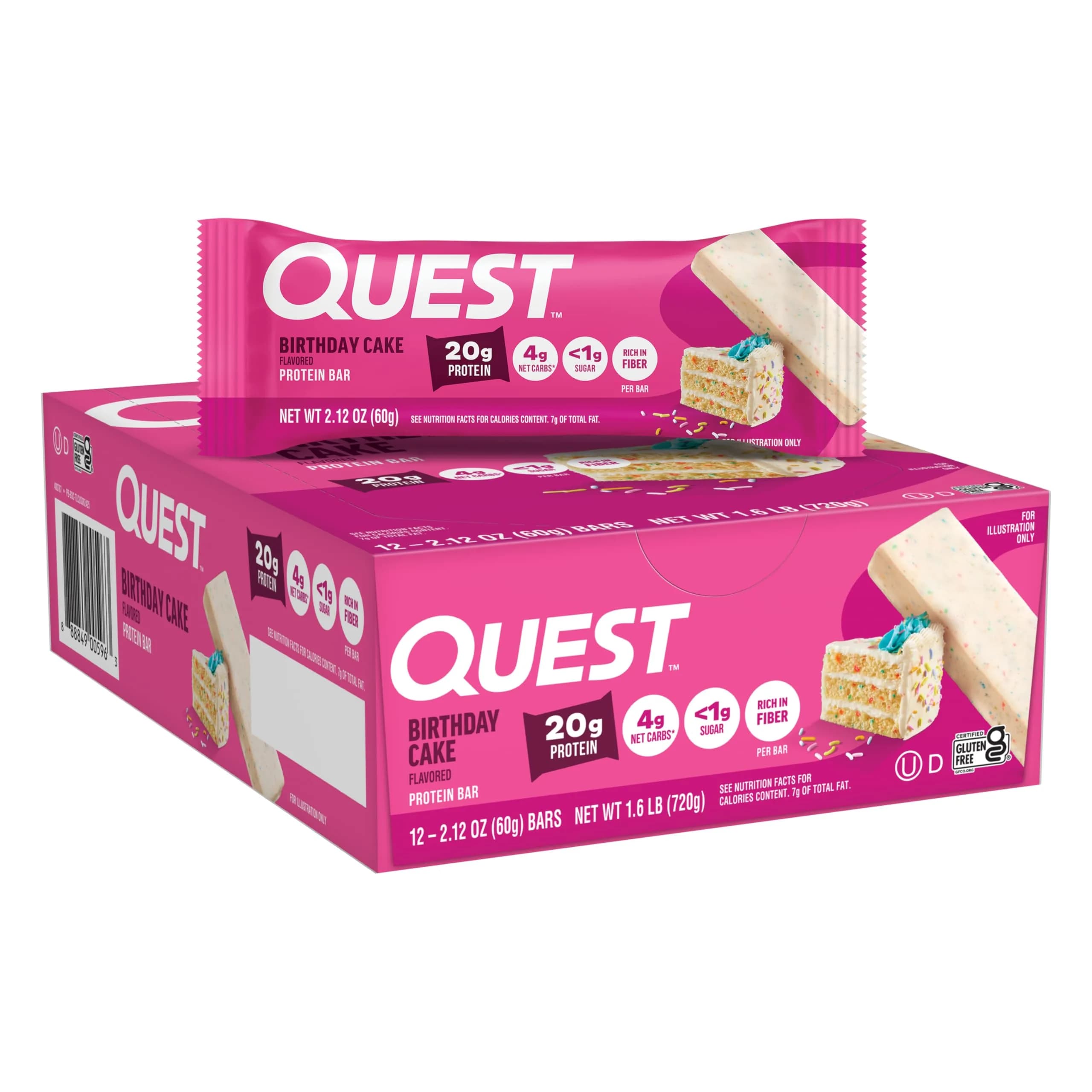 Quest Birthday Cake Protein Bar 20g Protein 1g Sugar Gluten Free Keto Friendly (12 Count) - main product image